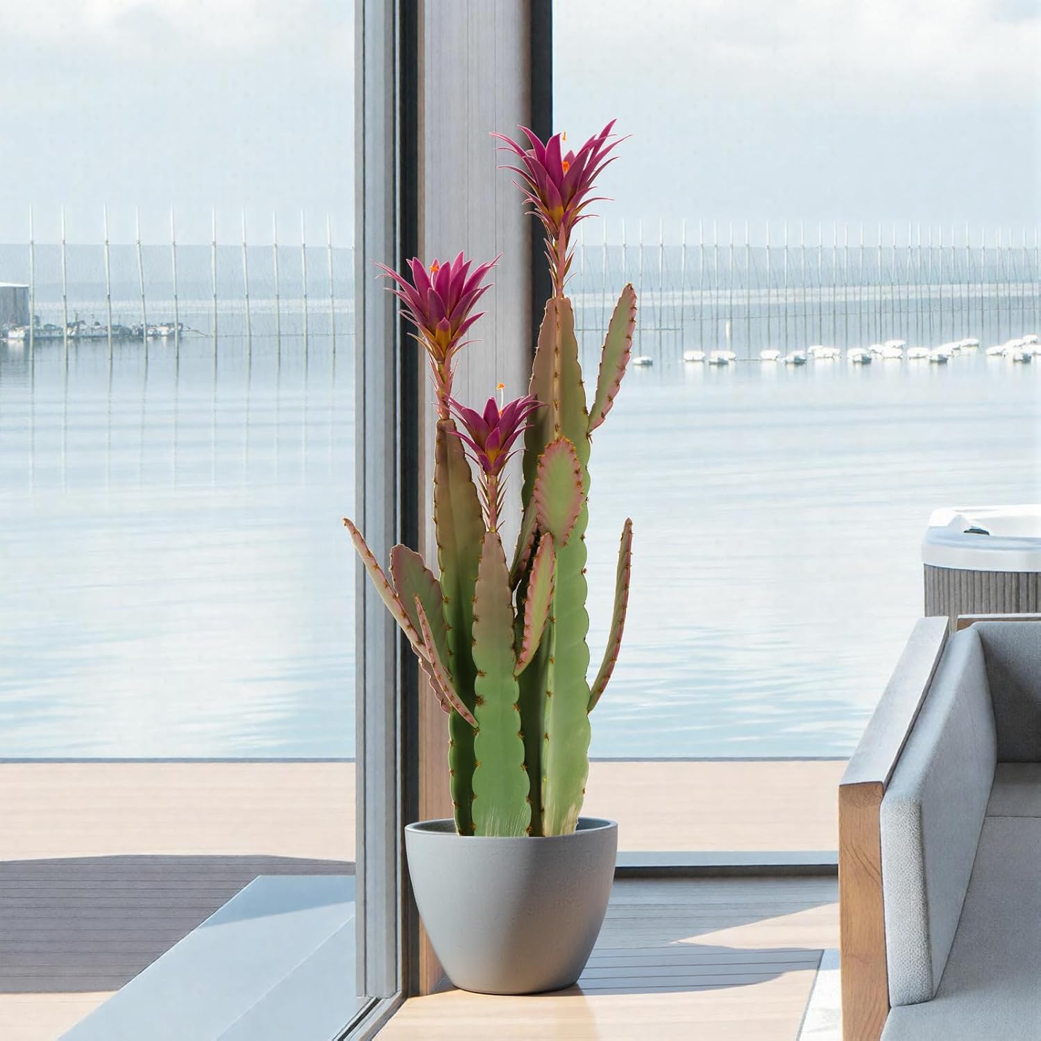 3ft Tall Artificial Cactus with Magenta Flower in Pot, Fake Cacti Plant of Satin Finish Leaves with Real Look, Outdoor & Indoor Faux Plants for Home Office Hotel Patio Balcony or Garden Decor