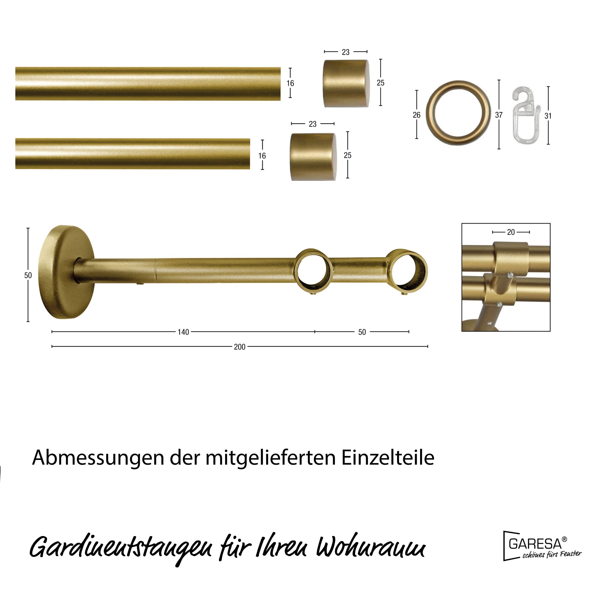 Garesa Gardinenstange Rustika Ø 16mm, 2-läufig, Gold, matt I Rustikale Vorhangstange aus Metall inkl. Ringe + Faltenlegehaken I Mit Endknopf Kappe I 280cm