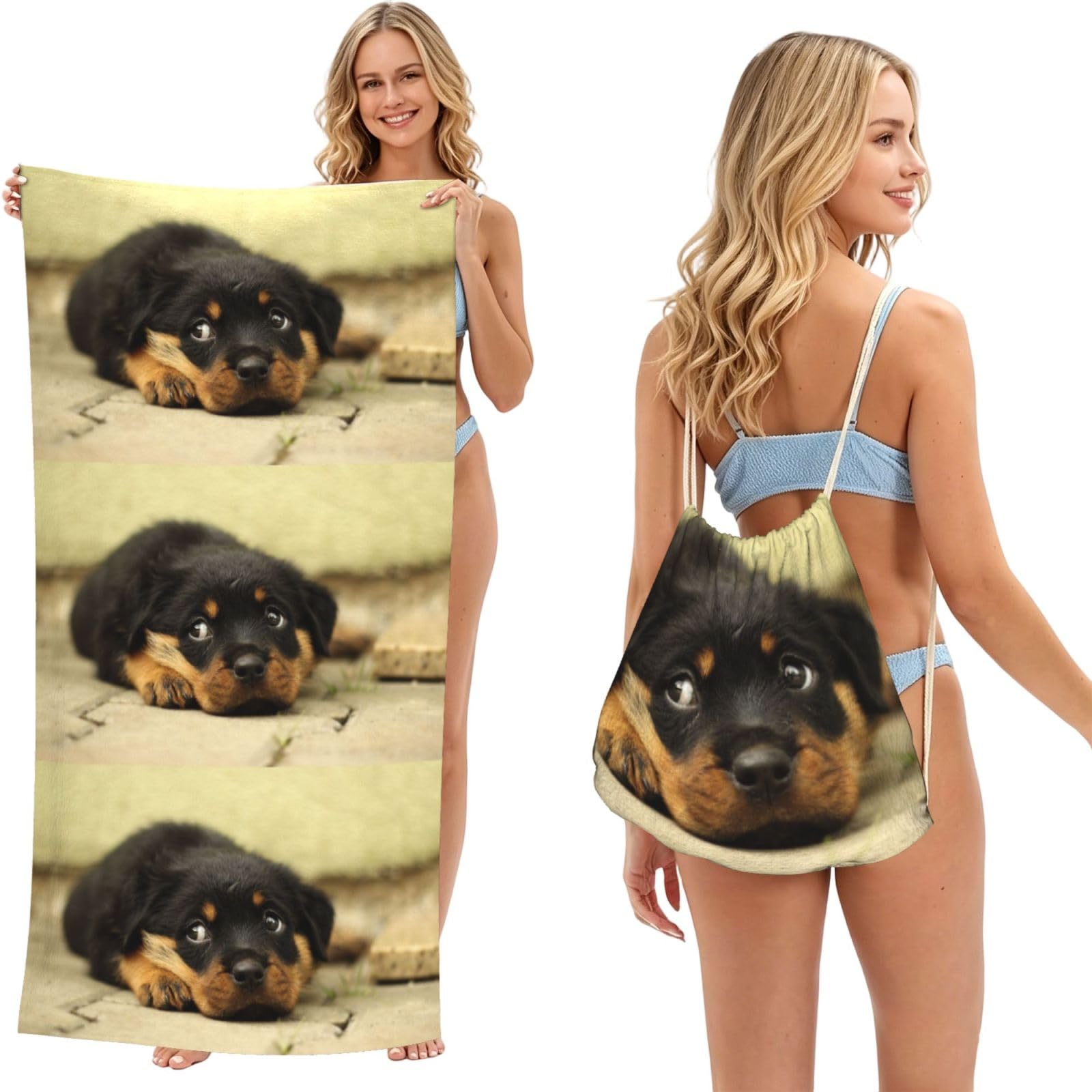Poadnly As Picture Rottweiler Dogs Cute Dogs Puppy Pets Small, 2 In 1 Packable Towel Bag, Beach Towels With Drawstring Backpack For Travel Holiday Camping