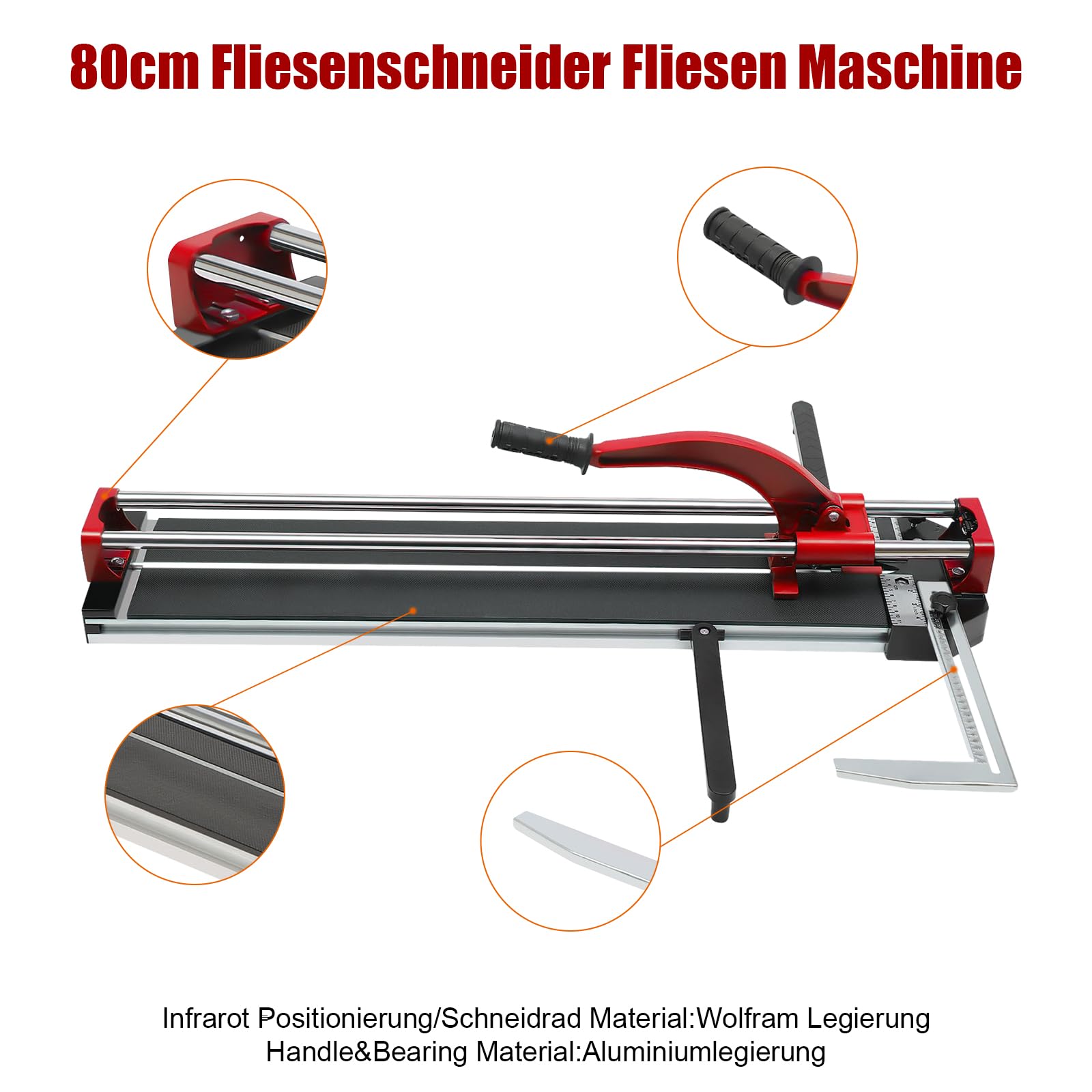 80 cm cortador de azulejos doble rieles y soportes Manual con posicionamiento infrarrojo de precisión Herramientas manuales cortaazulejos para corte de precisión (rojo)