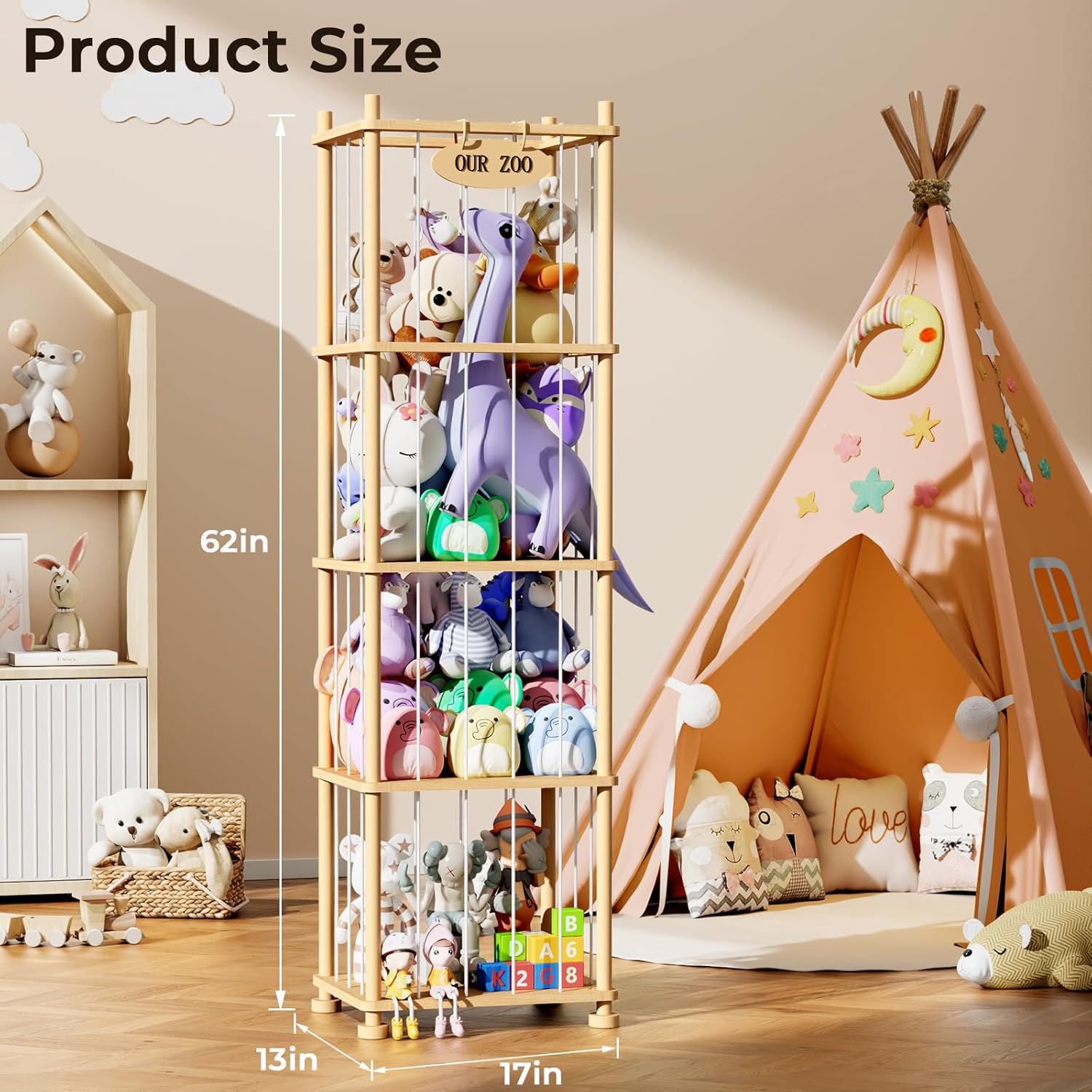 Stuffed Animal Storage Organizer, Solid Pine Wood Toy Storage Rack with Removable Shelves, Large Stuffed Animal Holder for Kids Room, Nursery, Playroom, Sort Plush Toys by Size, Color, or Type - Image 2