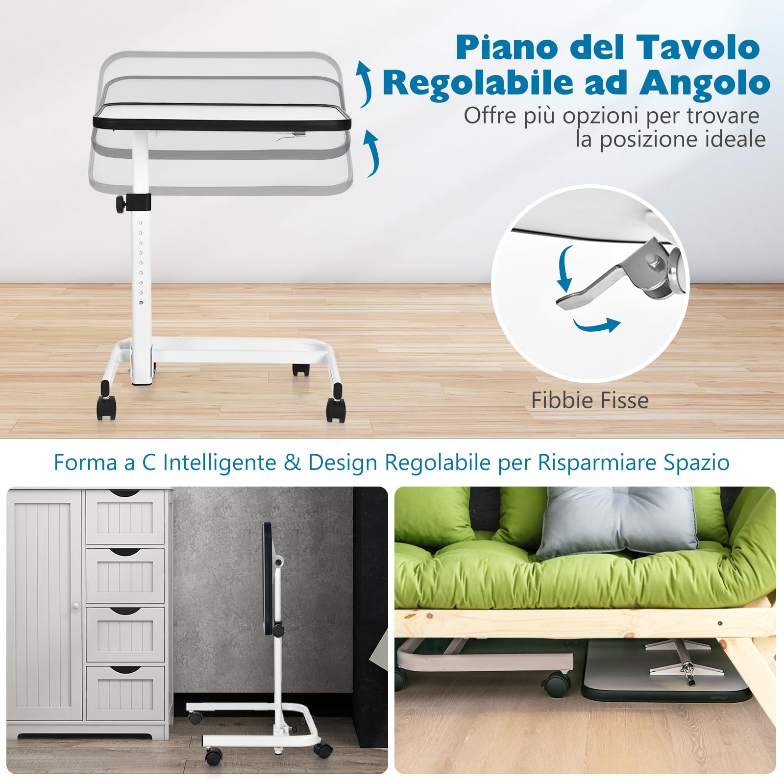 GYMAX Tavolo da Letto Tavolino Laterale con 4 Rotelle Universali, Angolo e Altezza Regolabile, Piano Inclinabile, a Forma di C, per Soggiorno, Camera da letto, Ospedale (Bianco)