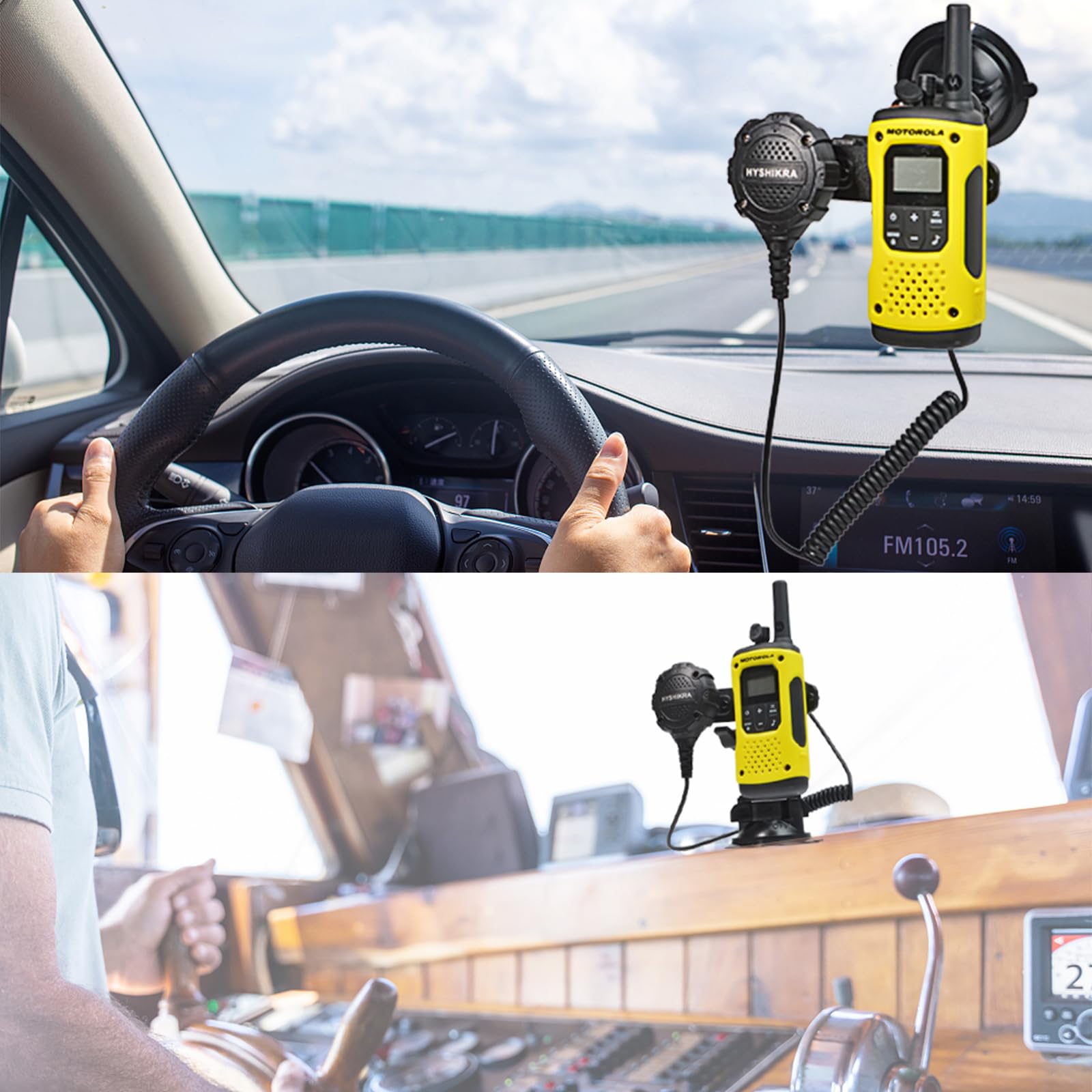 HYS 2-in-1 Radio portatile e microfono altoparlante Supporto a ventosa compatibile per Motorola Baofeng Sepura Midland, qualsiasi walkie talkie e microfono con clip posteriore