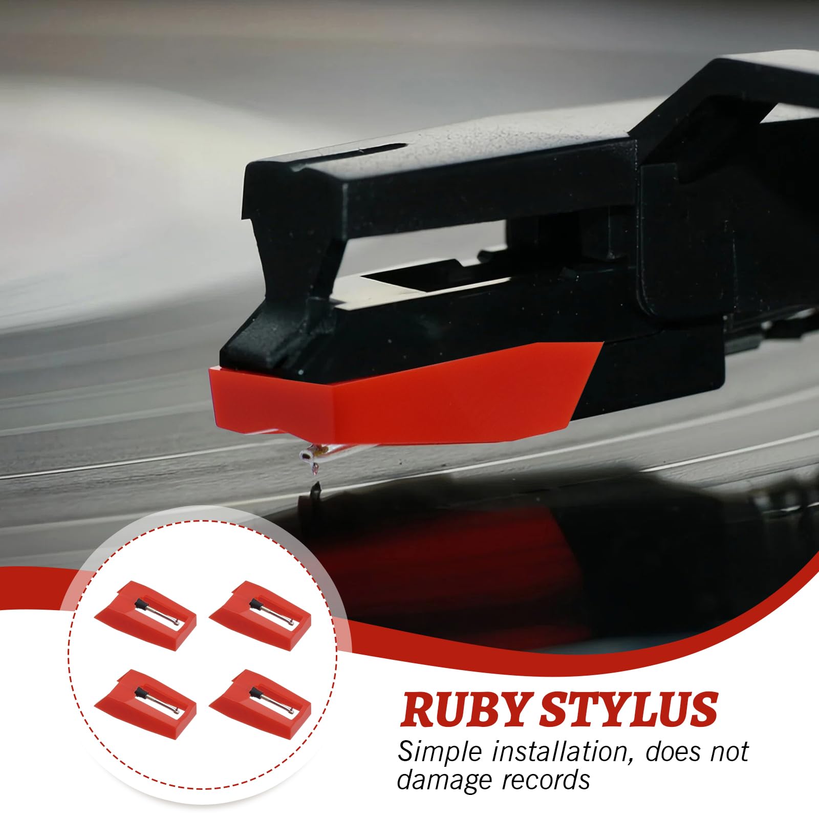 Aiguille Tourne Disque, Diamant Platine Vinyle, Saphir Platine Vinyle, Aiguille Diamant de Remplacement, Aiguille Tourne Disque Universel Platine pour Tourne Disque en Vinyle (Rouge) (4Pcs)