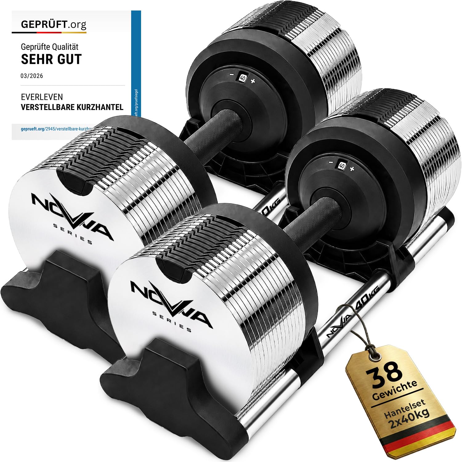 Verstellbare Kurzhantel 24kg | Nova Series | 12kg |18kg | 24kg | 32kg |40kg | 24 Gewichtseinstellungen | Einzelhantel | Verstellbare Kurzhantel | Hantel einstellbar und platzsparend [NOVA³ LOCK]
