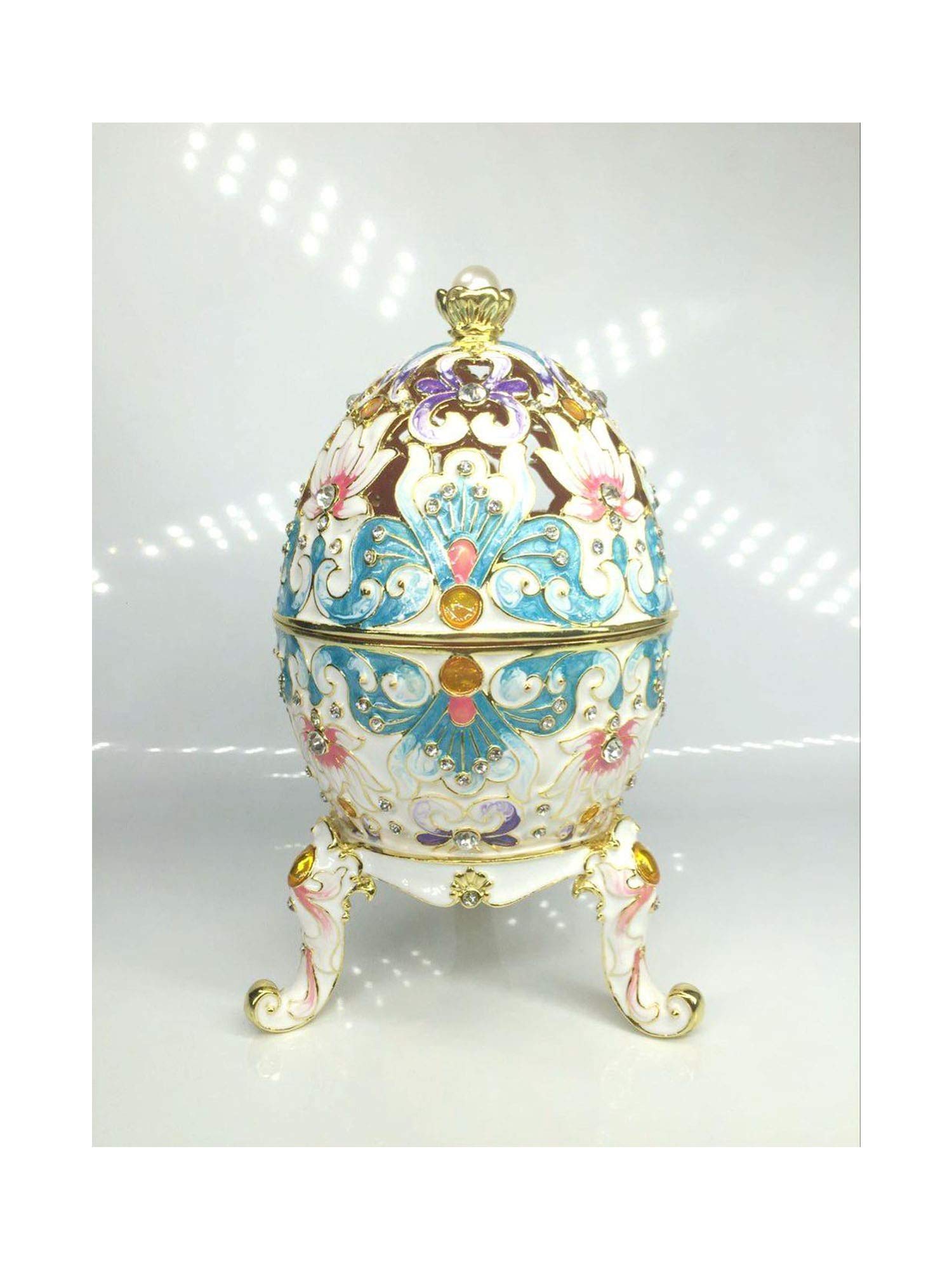 momoko hiroshi Faberge Easter Egg Trinket Box Vintage Retro Metal Craft,White