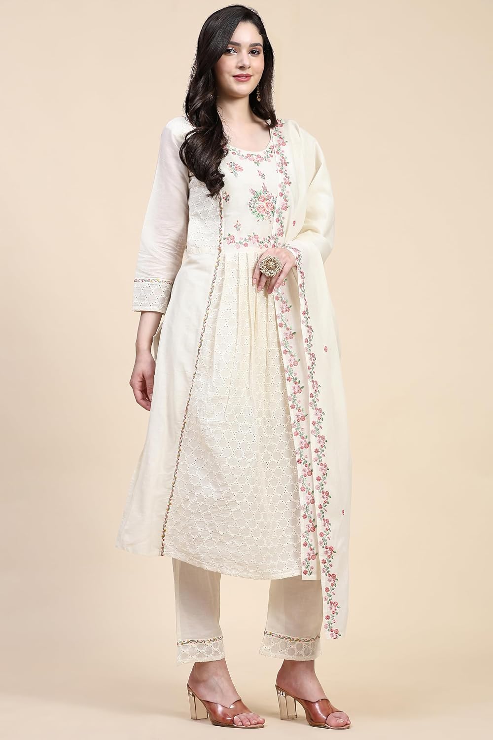 TRENDMALLS Women's Schiffli Pure Cotton Embroidery Salwar Suit Set Kurta Pant with Dupatta (G156-Offwhite-M), Medium