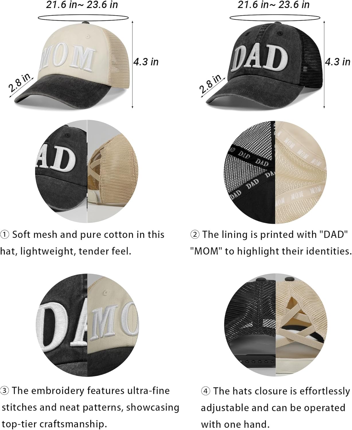 Mom and Dad Hats for New Parents Gifts，Pregnancy Announcement Unconstructed Mesh Caps for Couples - Image 2