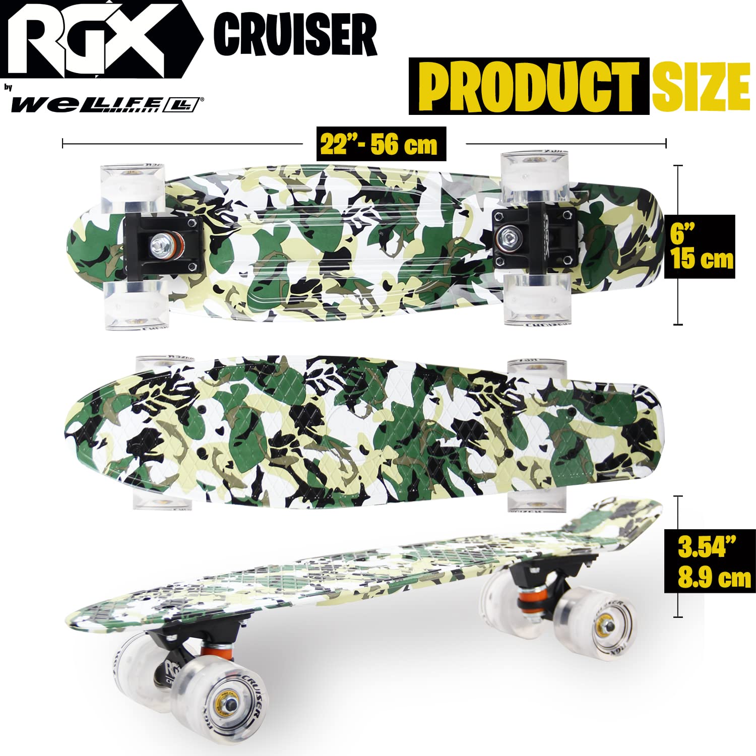 WeLLIFE Skateboard Mini Cruiser RGX Skate Planche 22" 56cm pour Jeunes Garçons Adultes, Roues Lumineuses PU 78A avec Feux Flash LED Roulements ABEC-7RS…