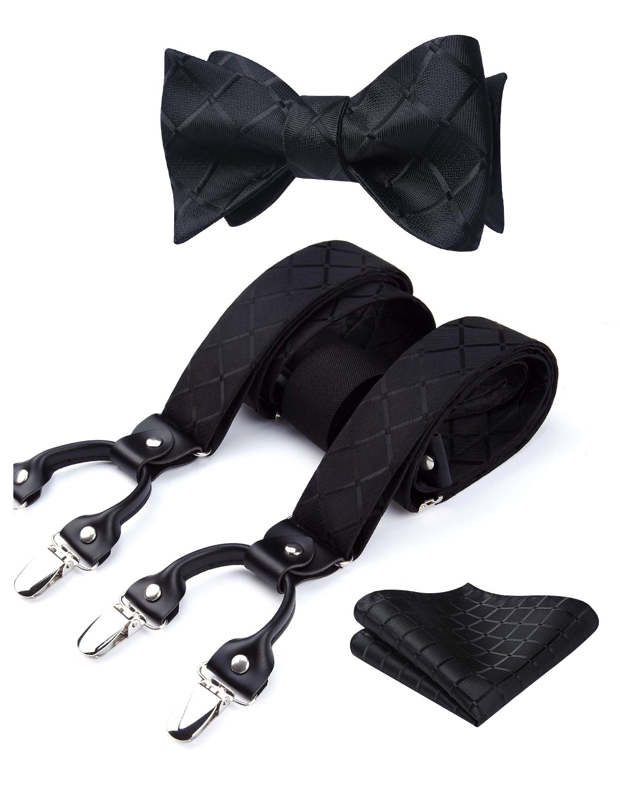 HISDERN Bow tie and Suspenders for Men Plaid Suspender Self Bowtie Pocket Square Adjustable Y Shape Mens Trouser Braces