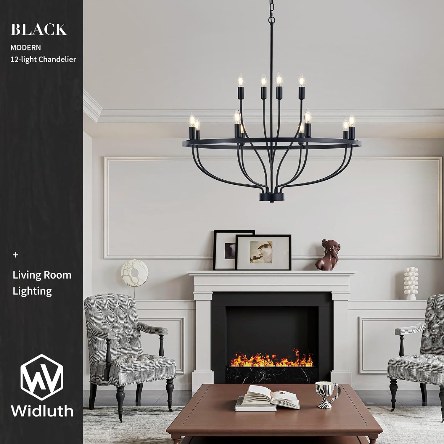 33.5" Industrial Black Chandelier Vintage 12-Lights Rustic Candle Style Chandeliers Light Fixture Retro Farmhouse Black Chandelier for Dining Room, Kitchen Island, Living Room, E12