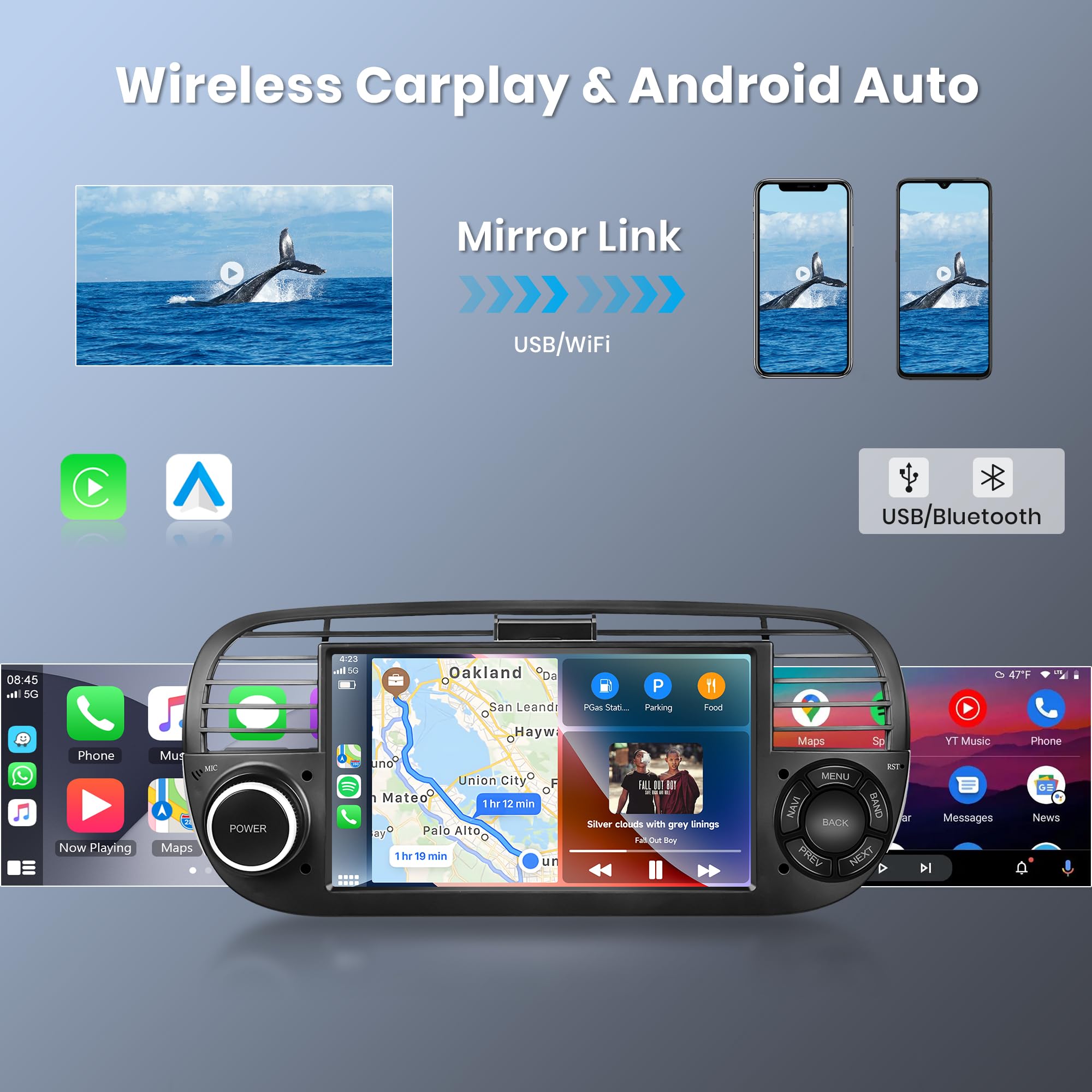 2G+64G Wireless Carplay Android Radio de Coche para FIAT 500 2007-2015 7 Pulgadas Pantalla Táctil Radio con Android Auto Navi GPS WiFi Mirror Link Bluetooth FM/RDS/DVR/EQ/Dab+/SWC Cámara Trasera