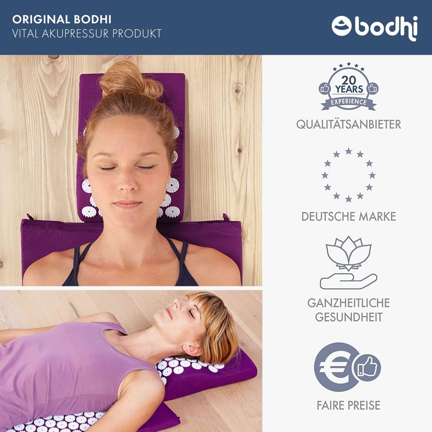 Bodhi VITAL Akupressurmatten-Set | Massagematte & Kissen inkl. Tasche | Nadelkissen zur Selbstmassage | Entspannungsmatte gegen Nacken und Rückenschmerzen | Fakirmatte für zu Hause | blau