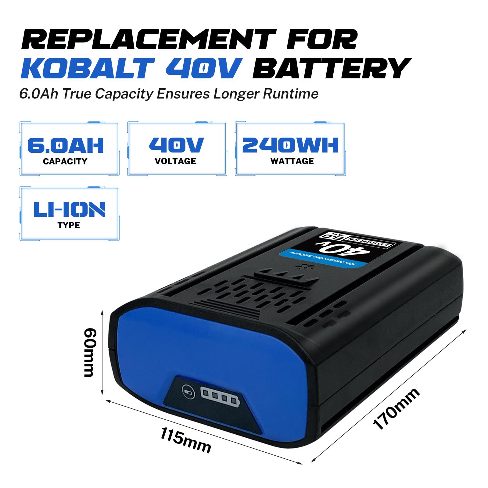 Paquete de 2 baterías de 40 V de 6.0 Ah de repuesto para batería Kobalt de 40 V, compatible con soplador Kobalt de 40 voltios KPM1040A-03 KM-1640-06 KM-4040-06 KB-540-06 KB240-06 Series Cordless Power