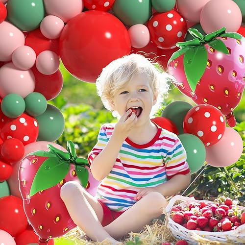 Miniatura 5 de Kit de arco de globos de fresa, decoración de fiesta de cumpleaños con diseño de frutos rojos, rosa, salvia, verde, lunares, guirnalda de baby