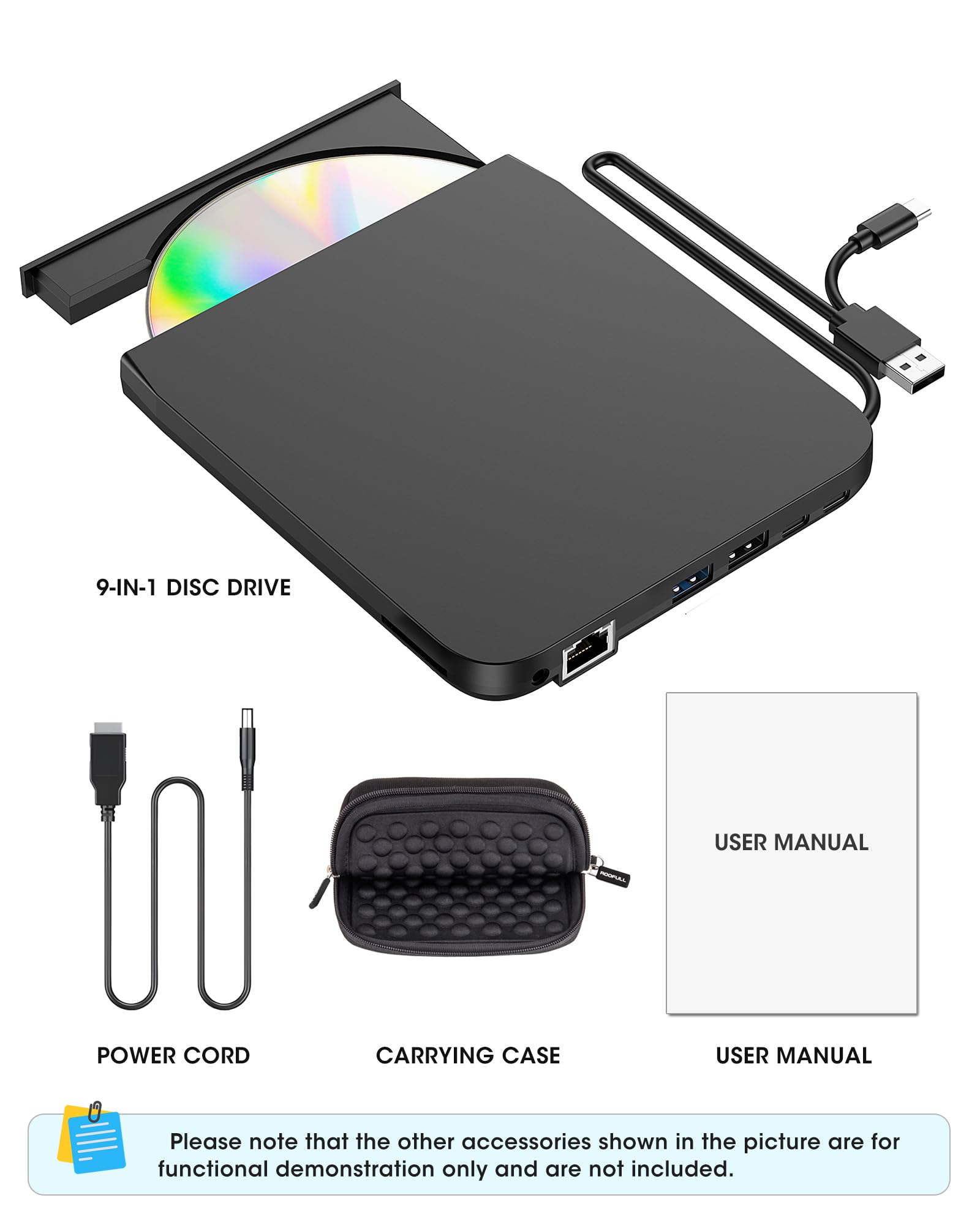 ROOFULL Lecteur CD DVD externe USB 3.0 avec adaptateur Ethernet, ports USB-A/C, fente pour carte SD/TF, étui de transport, lecteur CD DVD USB-C, graveur lecteur de disque optique pour Windows et Mac