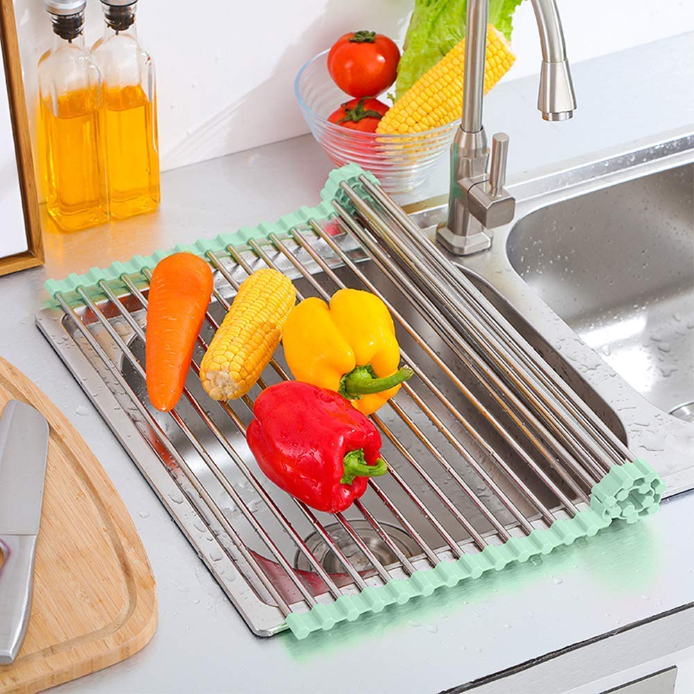 Navadiya Brothers Foldable Stainless Steel Drain Rack / Kitchen Sink Roll up Dish Drying Rack / Portable Dish Drainer Rack for Crockery, Utensils, Fruits, Vegetables, Etc. (Multi-Colour)