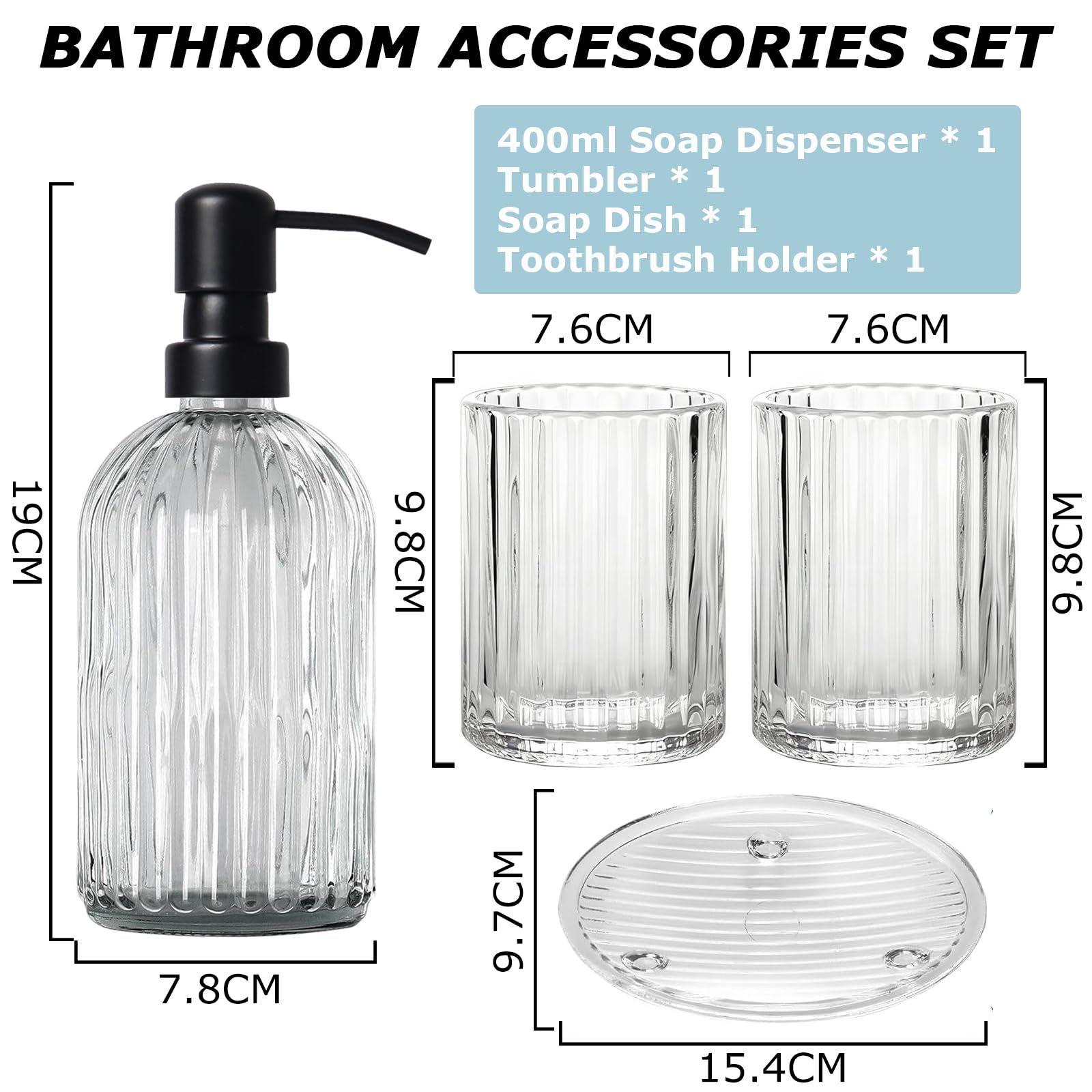 Set di 4 accessori da bagno, accessori da bagno in vetro trasparente, dispenser per sapone, porta spazzolino, tazza e portasapone, set decorativo per bagno, lavandino