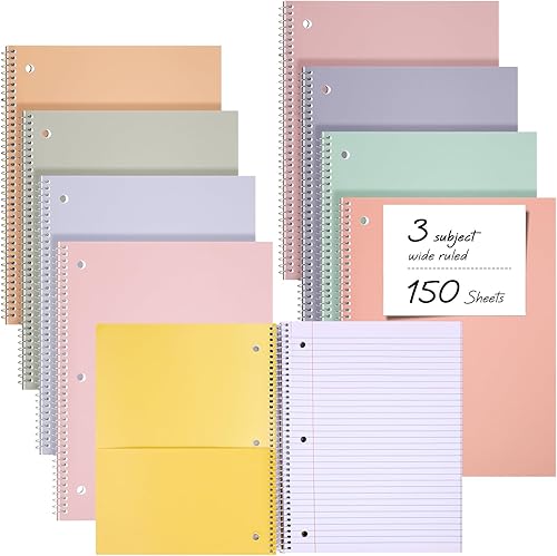 Teling 8 cuadernos en espiral de 3 materias con rayas anchas de 8 x 10 12 pulgadas, cuaderno de diario en espiral de 3 agujeros, bolsillos divisores