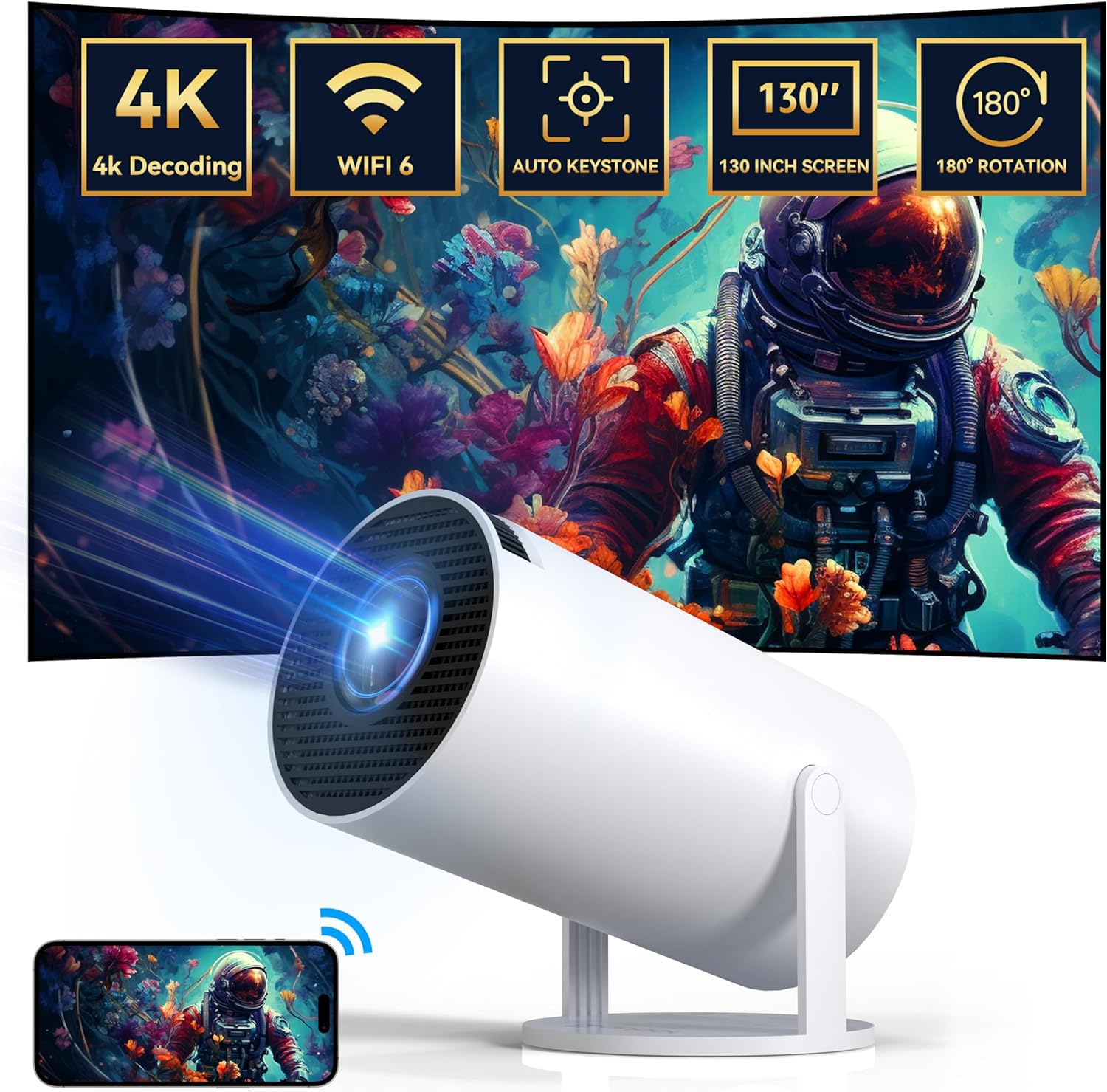 Mini Projector with 4K 1080 Support, Portable Projector with 180° Rotation, 130 Inch Screen, Film Projector, Automatic Keystone Correction, Compatible with Computers, Mobile Phones, Home Cinema Videos