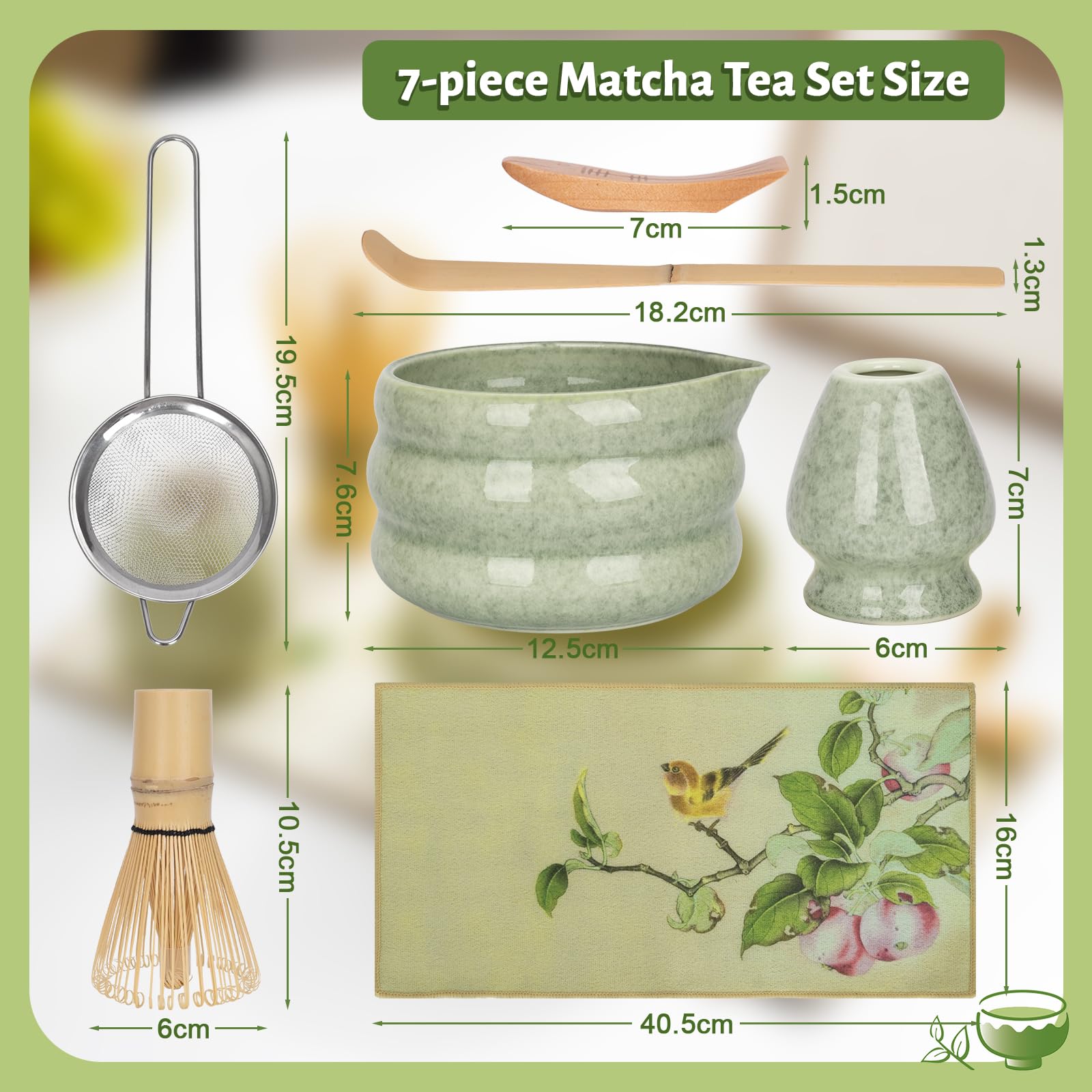 7-częściowy zestaw do herbaty matcha z miotełką i uchwytem na miotełkę, sitko do matcha, miseczka do matcha z wylewkiem, łyżeczka do matcha i uchwyt na łyżeczkę, ręczniki kuchenne. Zestaw do