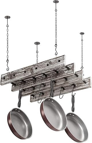 MyGift Ceiling-Mounted Pot and Pan Holder, Torched Wood and Metal Piping Hanging Storage Rack with 8 Hooks