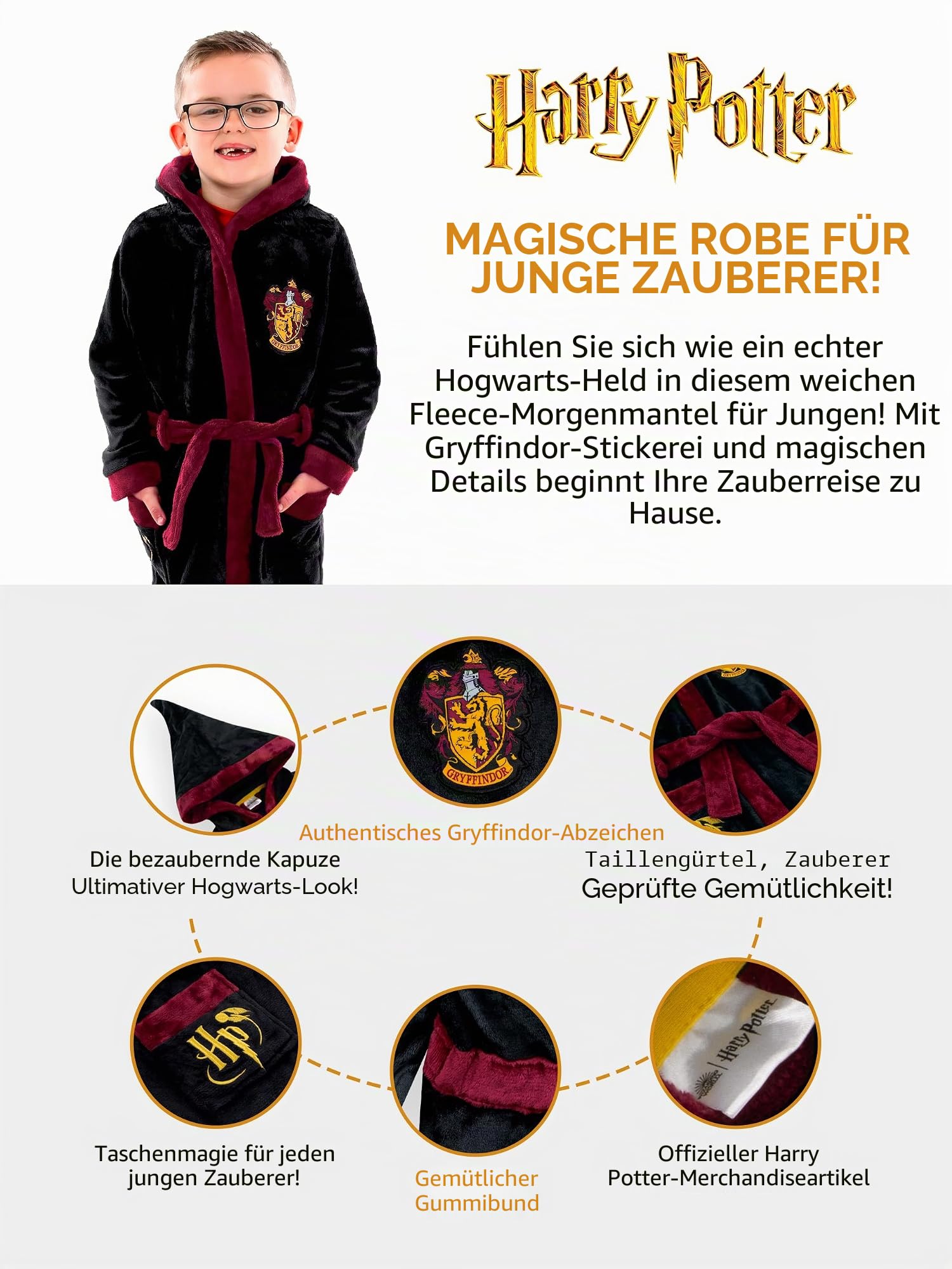 Harry Potter Bademantel | Gryffindor Kinderbademantel | Hogwarts Robe Für Jungs | Fleece Morgenmantel