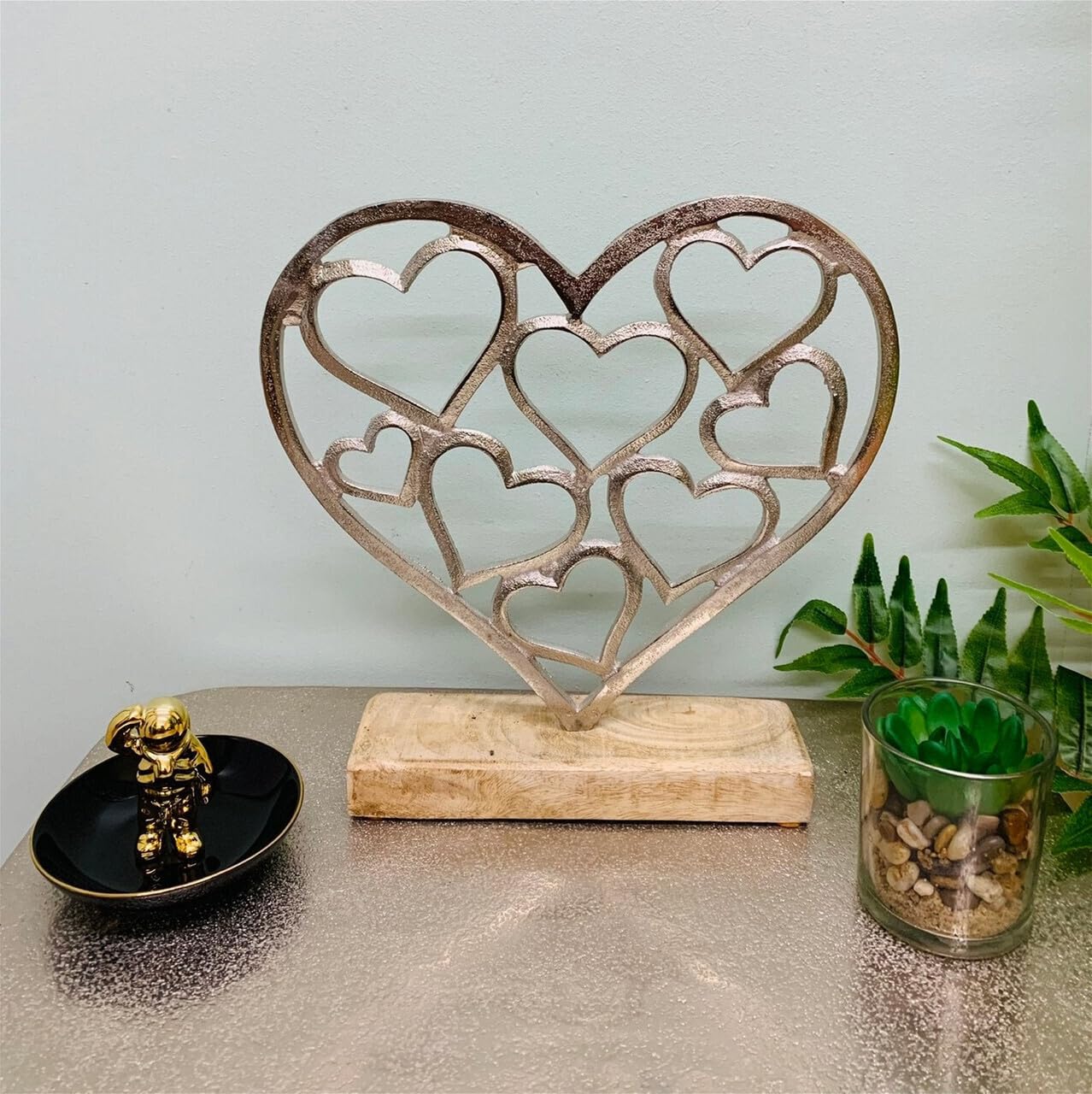 F&G Supplies Beautiful small Polished aluminium 'Heart full of hearts' on a wooden base, sculpture decoration jewellery stand - Image 3