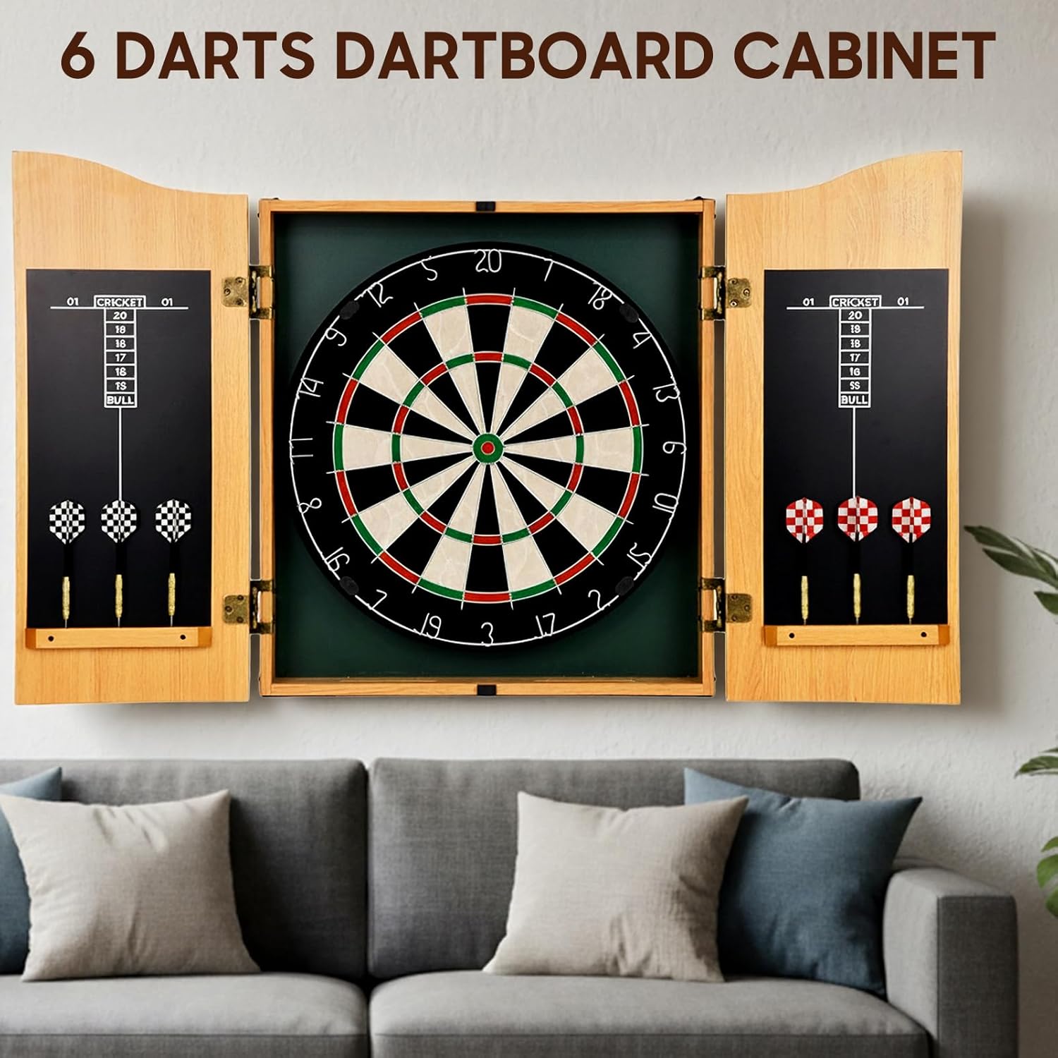 Advwin 18" Dartboard, Dartboard Cabinet Set with Chalk Scoreboard & Eraser, Storage Cabinet, Includes 6 Steel-Tip Darts, Wall/Door Mountable, Gift-Ready