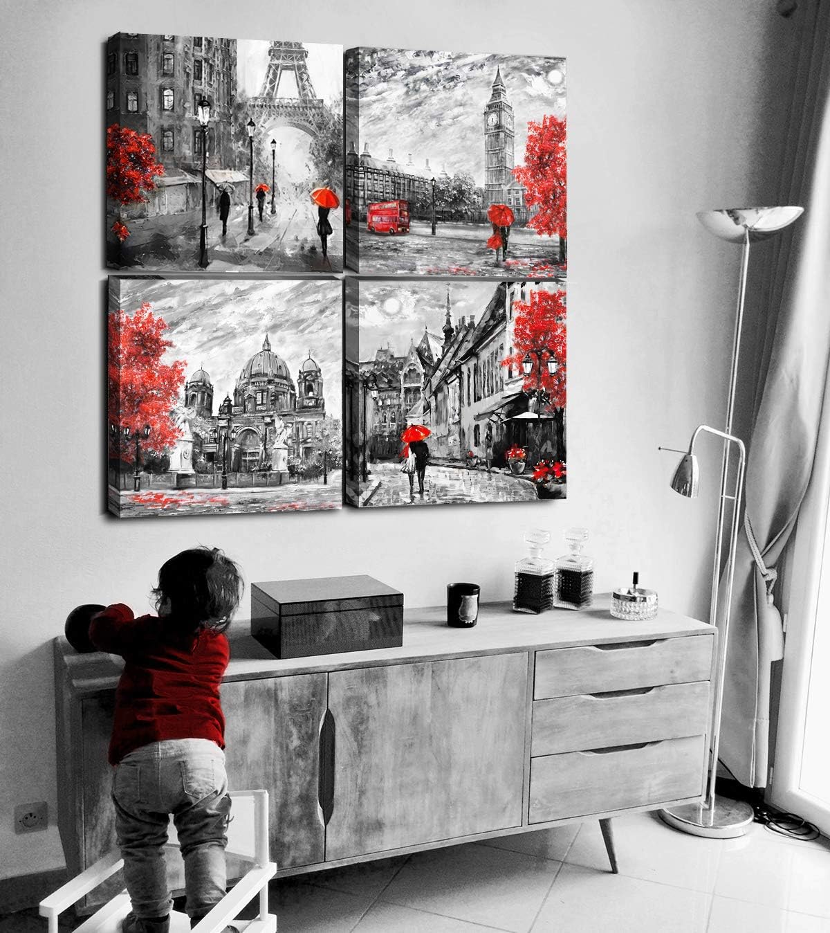 Paimuni Black White Red Contemporary Wall Art Big Ben Eiffel Tower Berlin Street Oil Painting Printed on Canvas Romantic Picture Framed Artwork Prints for Wall Decor 12x12 Inches