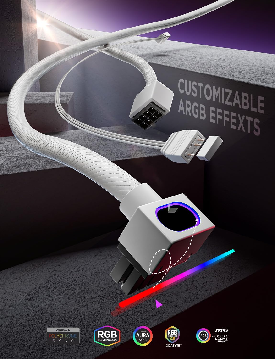 AsiaHorse Hydrus 8-Pin GPU Cable de extensión [TIPO B - PESTILLO ARRIBA], Cable de alimentación PCIE para tarjeta gráfica (NO PARA CPU), 18AWG Sleeved, 5V ARGB Sync - Blanco