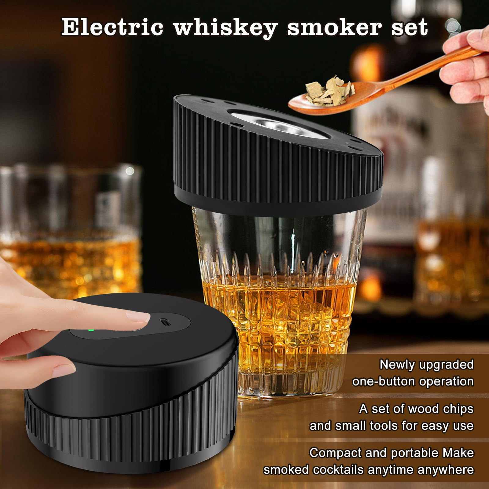 Affumicatore Elettrico Per Whisky E Cocktail, Con LED E 6 Legni, Ricarica USB-C - Regalo Perfetto!