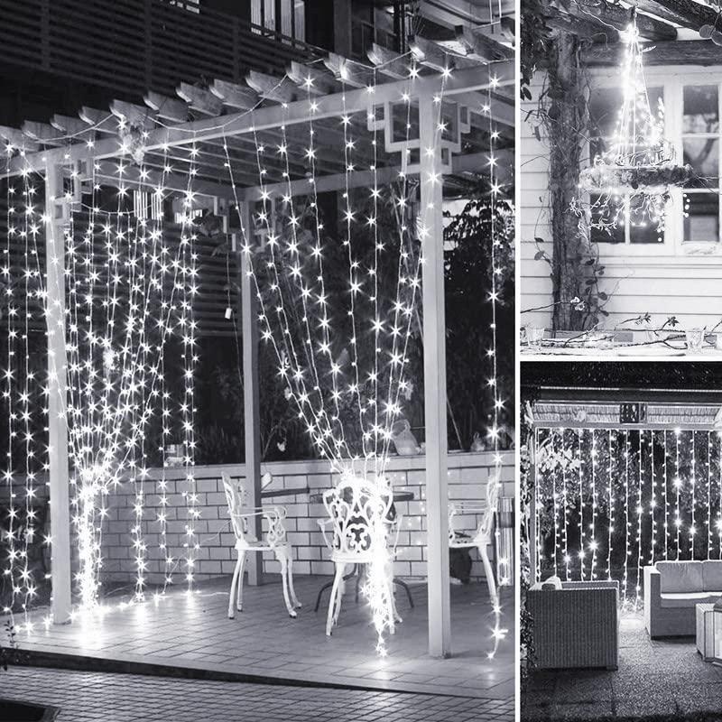 QQY Solar Curtain Light, 3m x 3m 300 LED 8 Modes Remote Control Waterproof Solar Fairy Lights Outdoor Curtain String Lights for Gazebo Patio Party Festival Decorations (White) — image 1