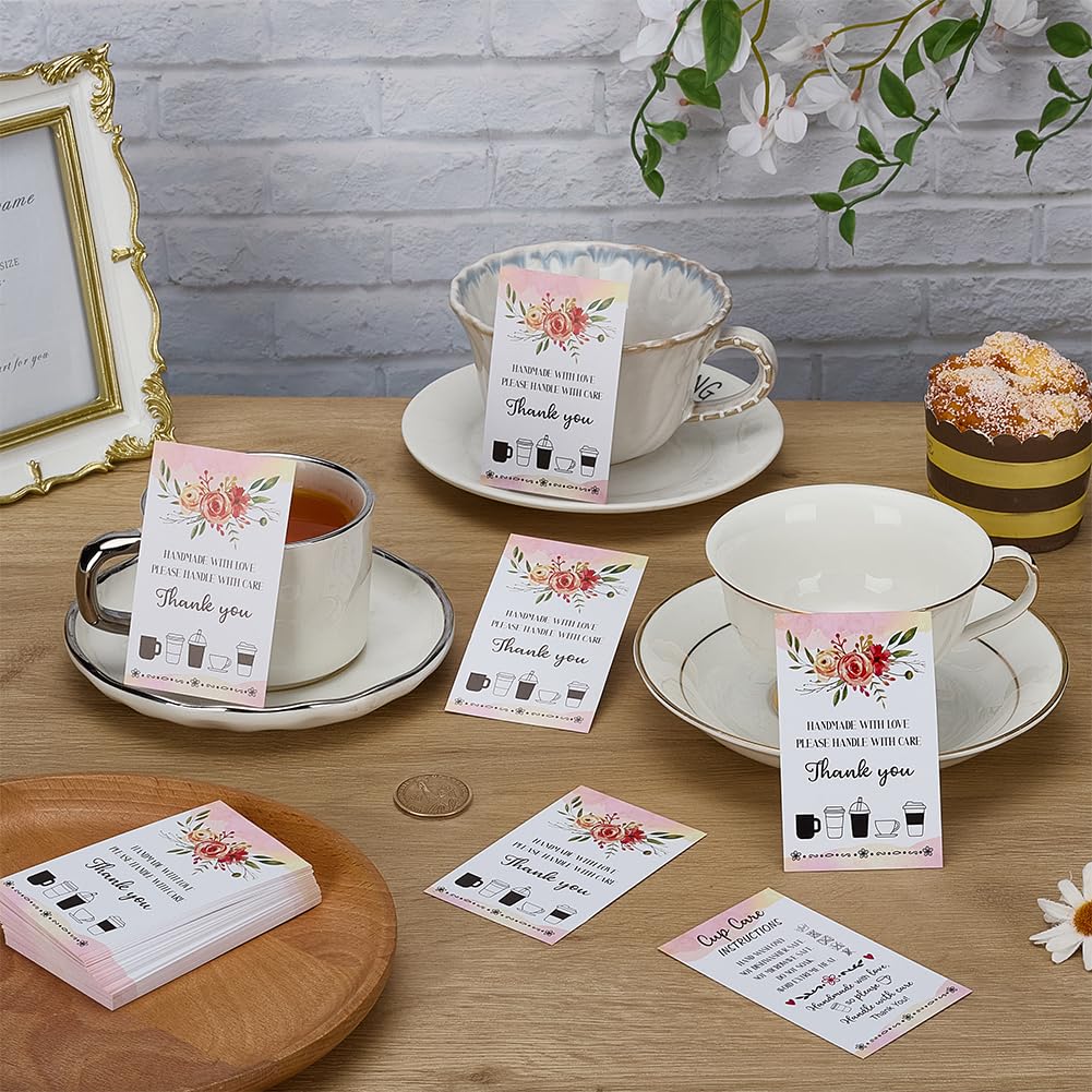 FINGERINSPIRE 240 Pcs Cup Care Instructions Cards 5.4x8.7cm Pink with Flower Print Rectangle Display Cards with Handmade with Love Text for Handmade Cups Gifts - Image 4