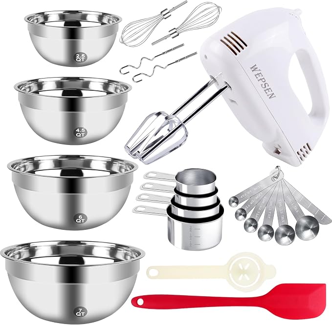 5-Speed Electric Hand Mixer, 4 Large Mixing Bowls Set, Handheld Mixers with Whisks