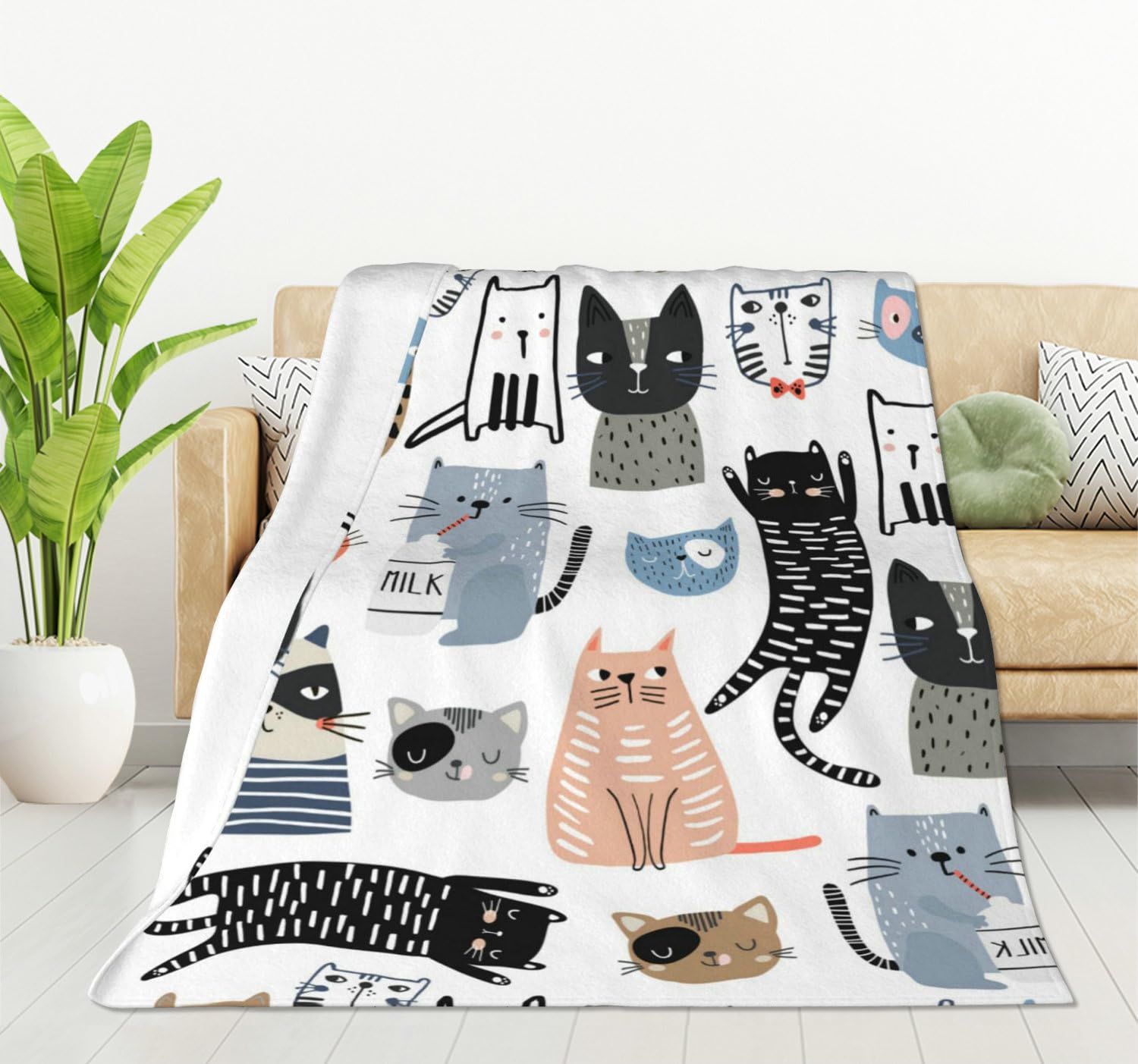 HGOD DESIGNS Cute Cats Blanket for Women Lightweight Soft Fleece Flannel Throw Blanket Cats and Milk Bottle Sofa Couch Living Room 130x150cm