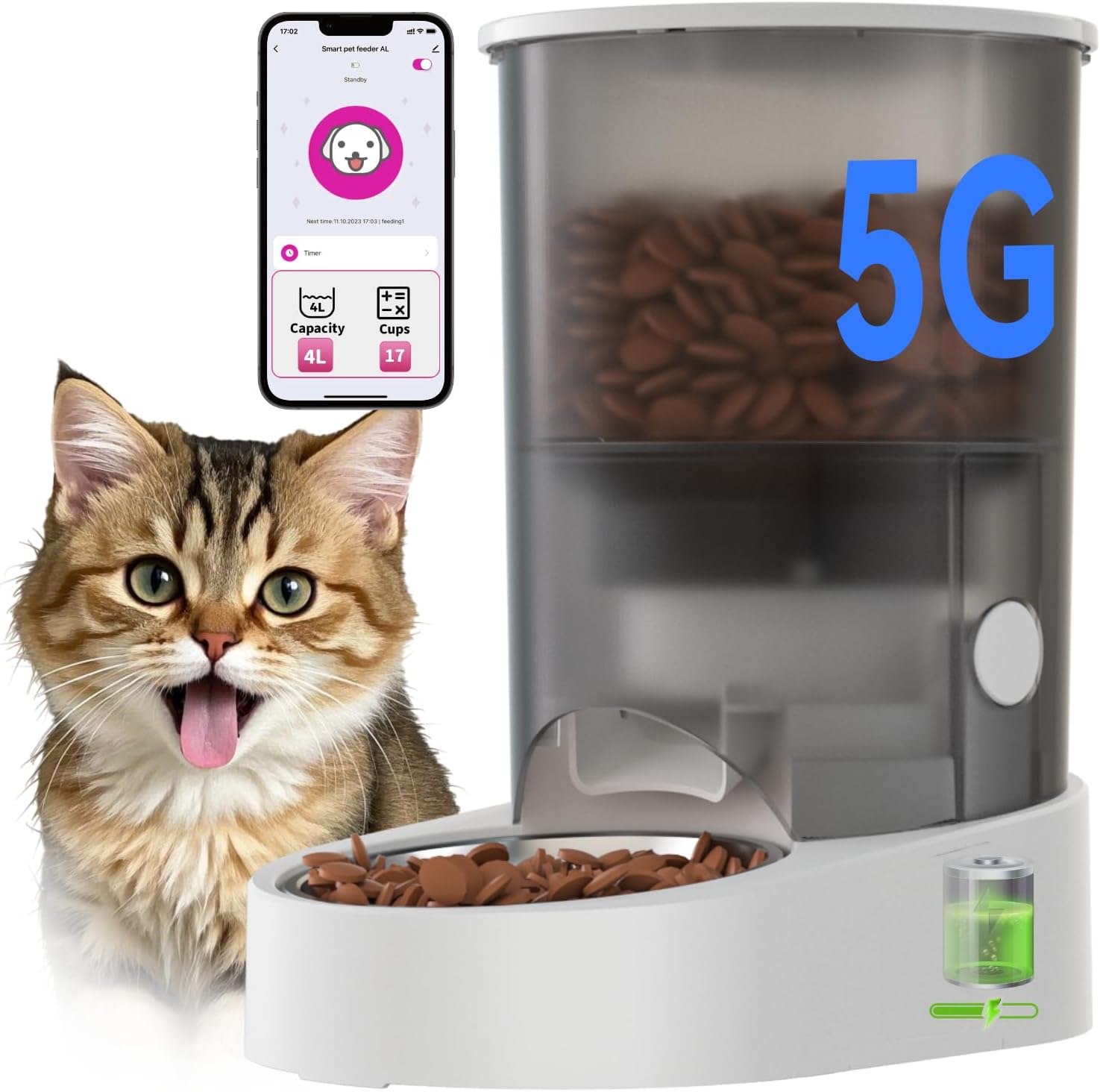Rechargable Automatic Cat Feeders – 5G WiFi Pet Feeder with APP Control, 4L Timed Cat Feeders for Dry Food, 1-10 Meals Per Day, 12 Portions Per Meal – Ceramic Bowl Included Rechargable Automatic Cat Feeders – 5G WiFi Pet Feeder with APP Control, 4L Timed Cat Feeders for Dry Food, 1-10 Meals Per Day, 12 Portions Per Meal – Ceramic Bowl Included