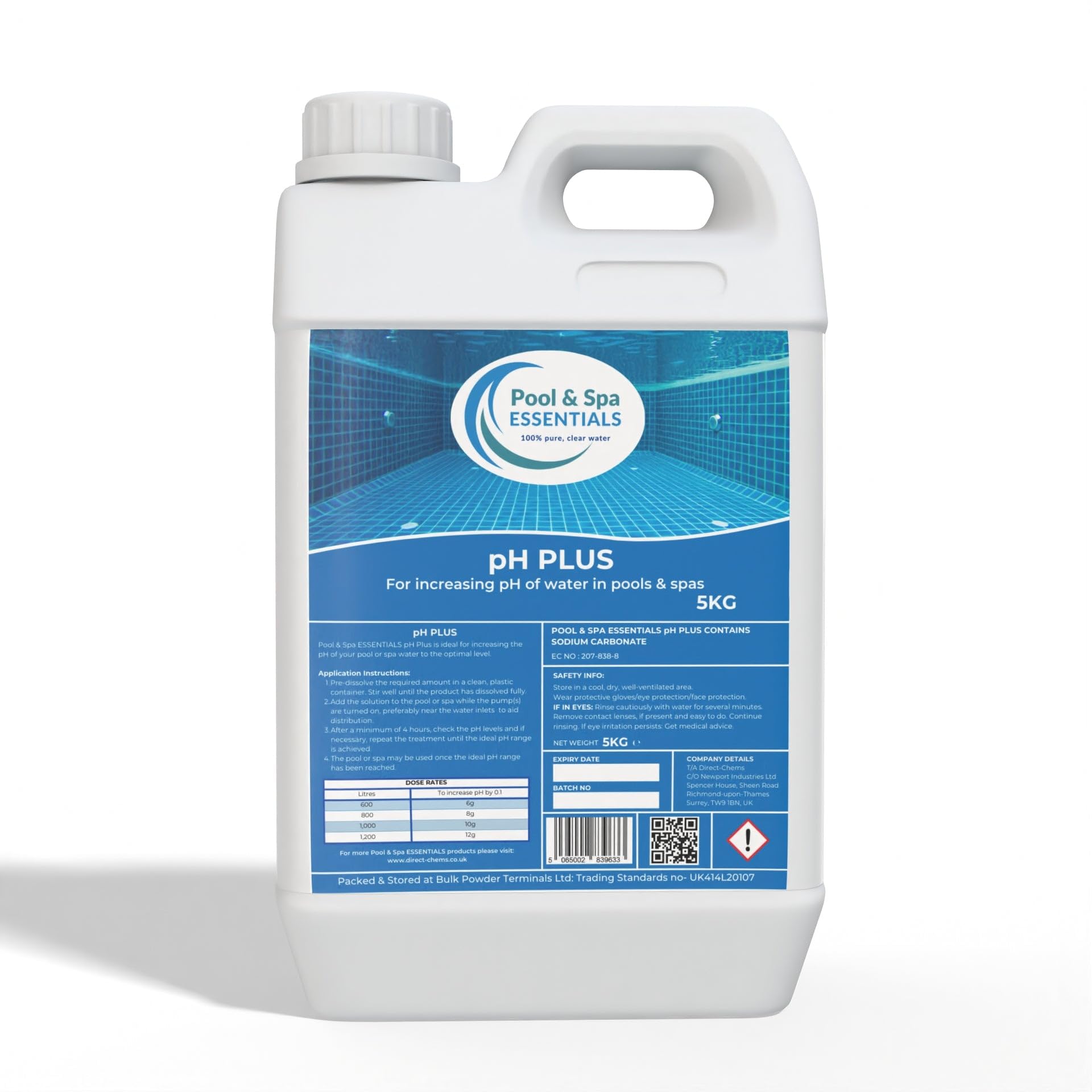 DIRECT CHEMS PURE INGREDIENTS pH PLUS 5KG | Raise & Balance pH Levels | Pool, Hot Tub & Spa | Prevent Corrosion & Limescale