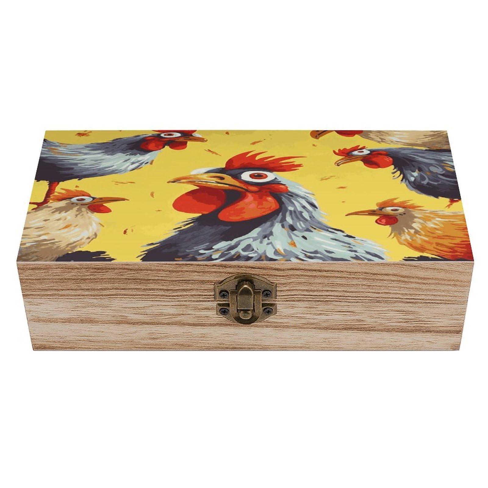 VstaDank Art Chicken Painting Wooden Storage Box Wooden Keepsake Box with A Hinged Lid Fashion Memory Treasure Boxes Decorative Jewelry Case for Crafts Photo Home Decor Wood Gift Box