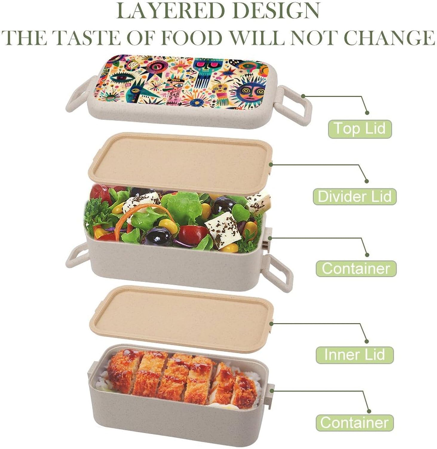 Lunch Box Bento Premium Symbols And Patterns Printed Bento Box Bento with Spoon And Fork with Compartment Containers Suitable for Men And Women, style