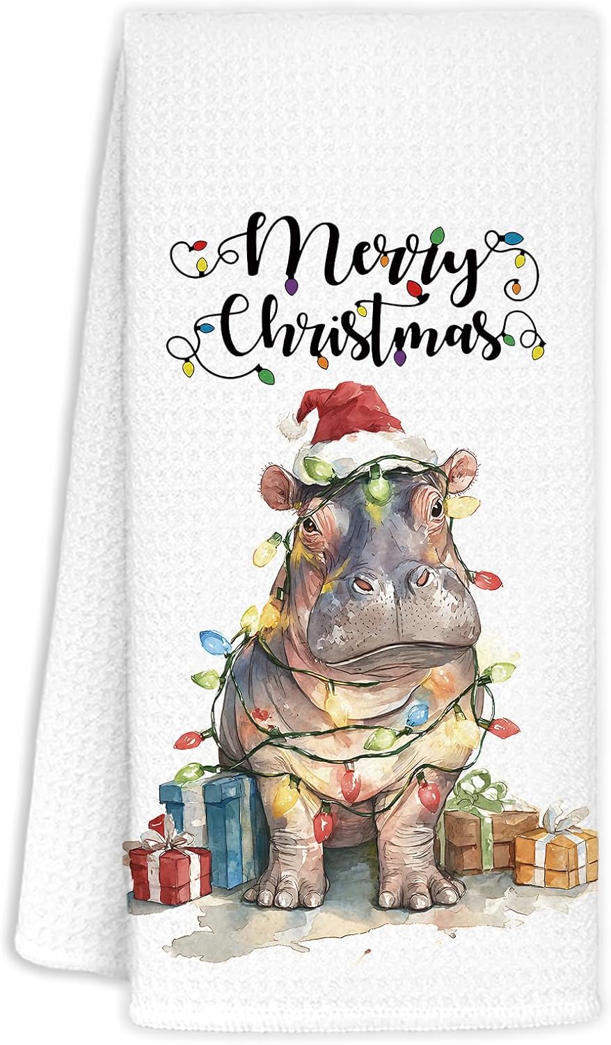 Christmas Hippo Kitchen Hand Towels,Christmas Decorations Tea Towels Dish Rags,Gifts for Women Hippo Lovers,Xmas Kitchen Bathroom Decor,16x24 Inch