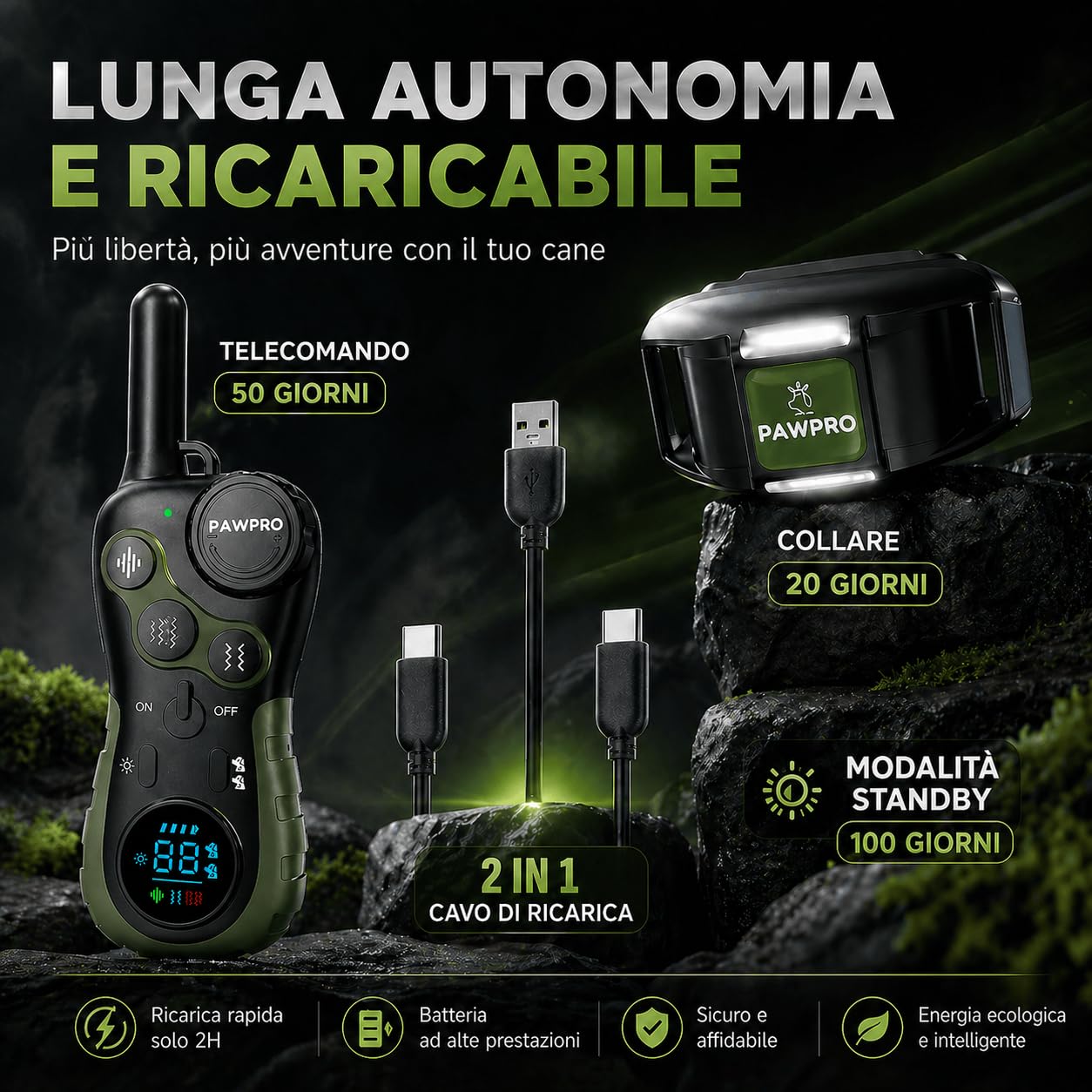PAWPRO Collare di Addestramento, Conforme Nuova Legge Italiana Benessere Animale, Portata XXL 3 km, Modalità Luce Notturna, BIP Vibrazione Potenziata, Adatto Tutti Cani, Impermeabile (1 Collare)