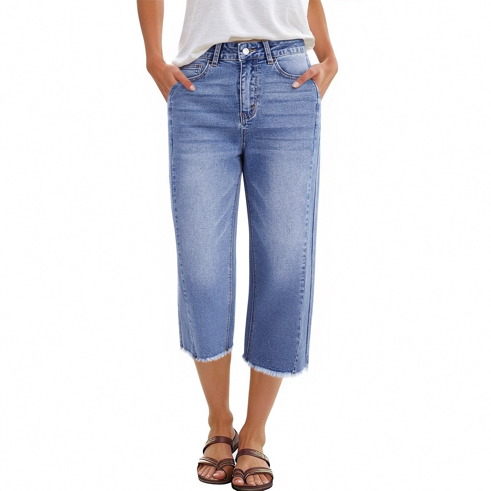 Générique Jean Femme Taille Haute Elastique Jeans Baggy à Jambe Large Coupe Droite Pantacourt D'été Denim Jorts Y2K Vintage Ample et Décontracté Pantalon avec Poches
