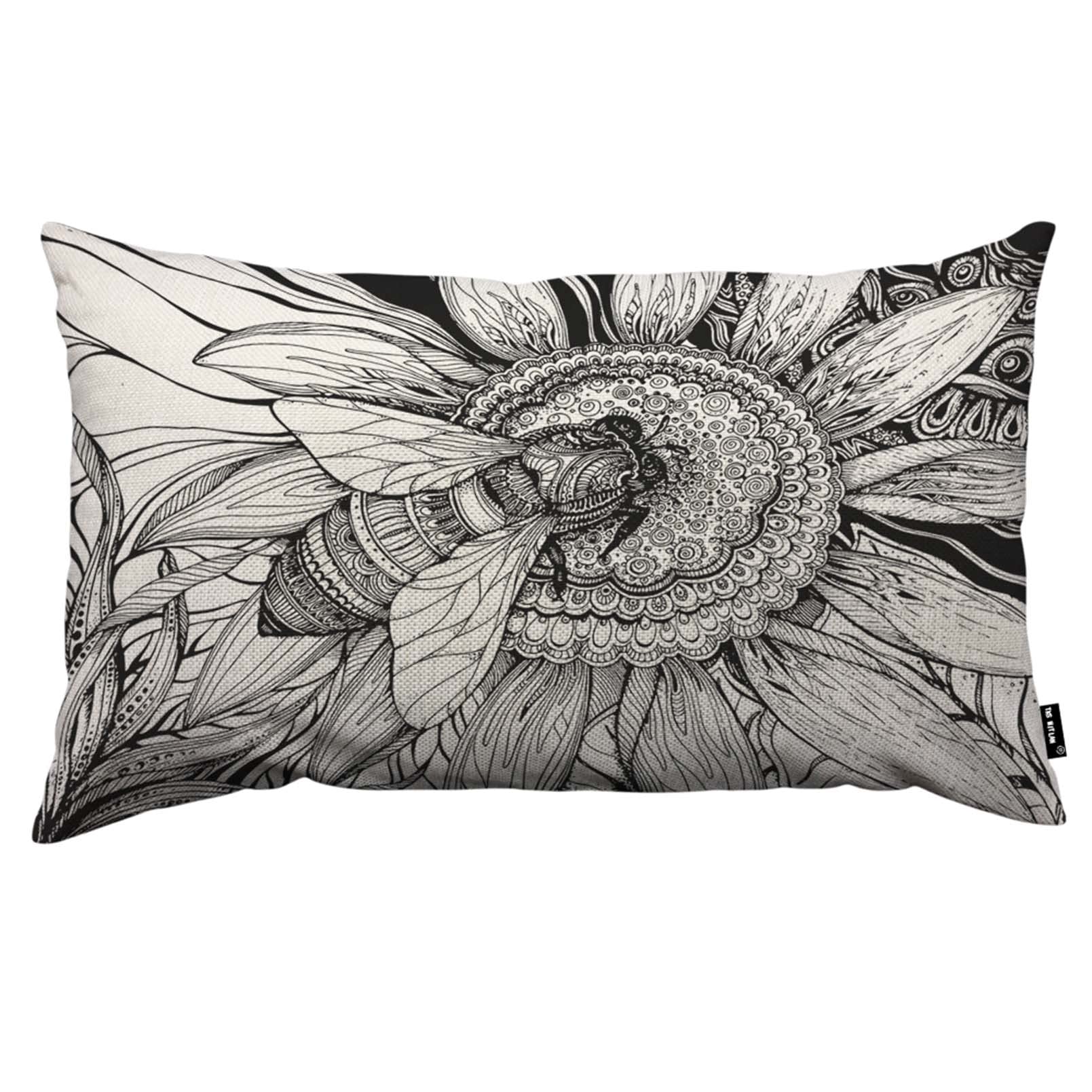 TKS MITLAN Black and White Line Bee Pillow Covers 12 x 20 Inch Honey Bee Collects Nectar, Big Sunflower Linen Couch Bed Sofa Car Waist Cushion Cover