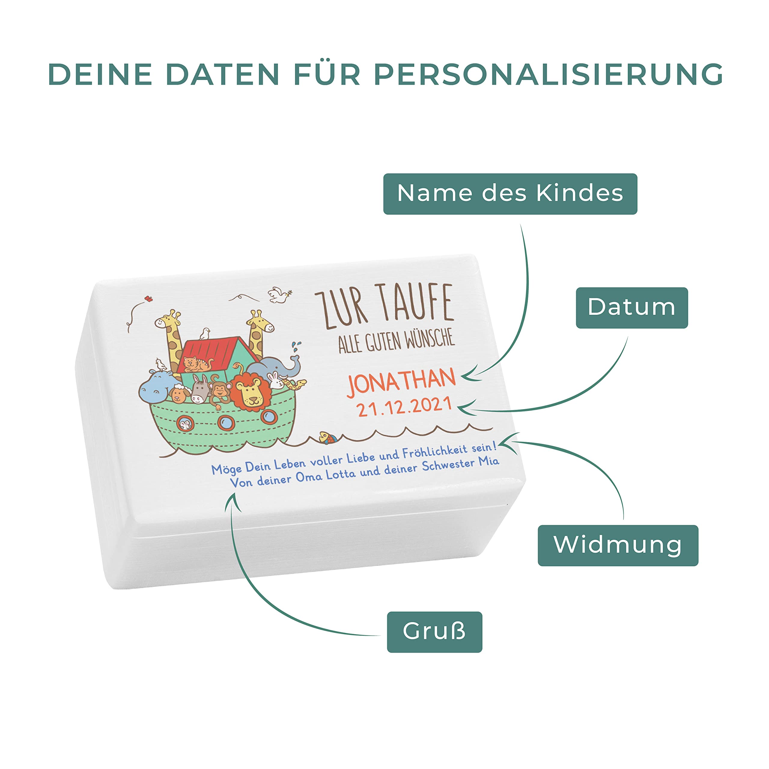 LAUBLUST Holzkiste zur Taufe - Arche Noah Farbmotiv - Personalisiertes Taufgeschenk - ca. 30 x 20 x 14 cm, Weiß, FSC®