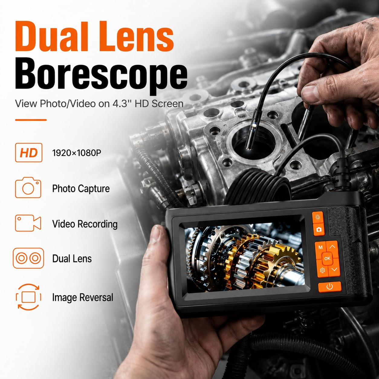 Dual Lens Borescope Inspection Camera, 4.3" HD Screen 1080P Photo Video