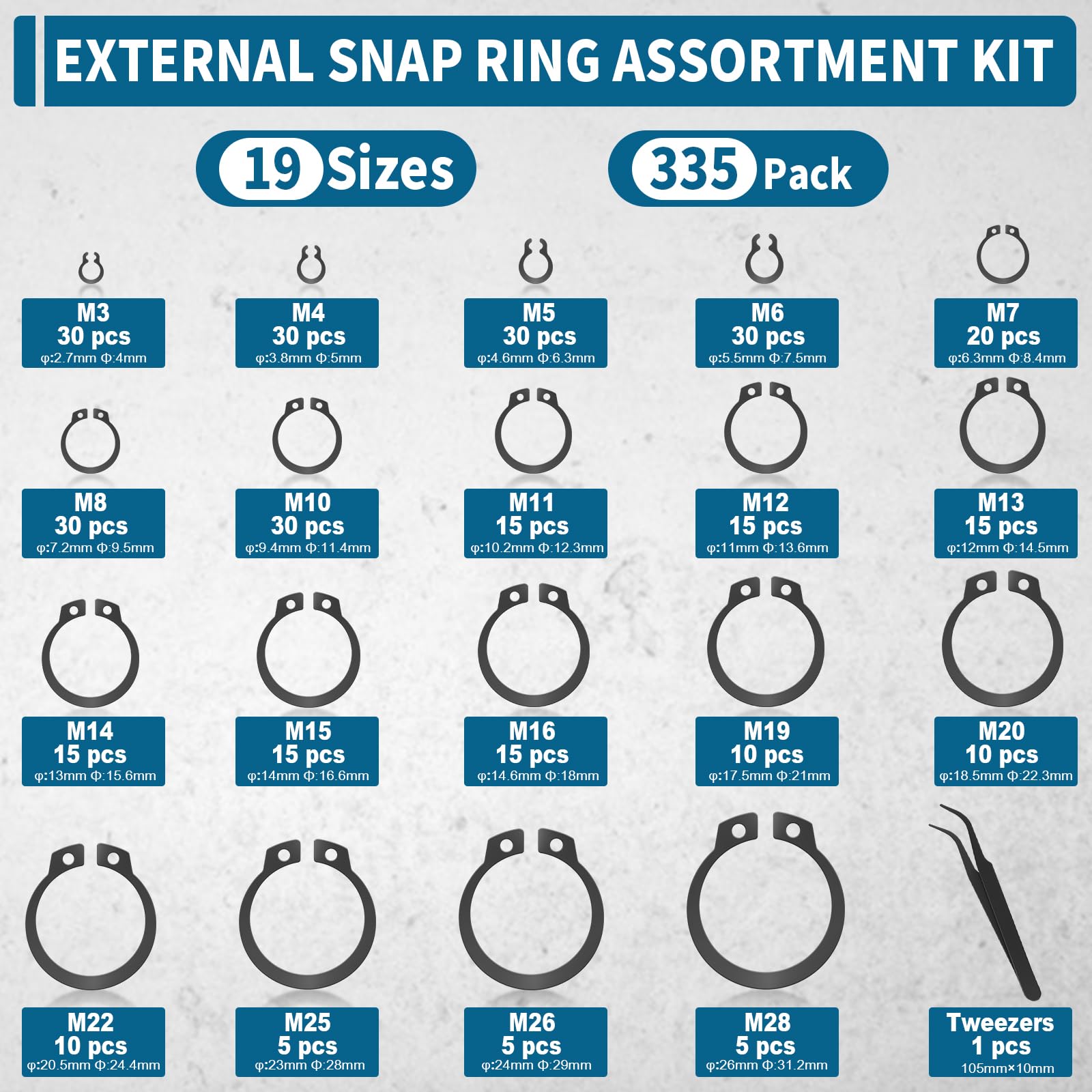 335 PCS External Circlips Snap Retaining Clip Rings Assortment Kit, Carbon Steel Circlips Assorted Sizes - Image 2