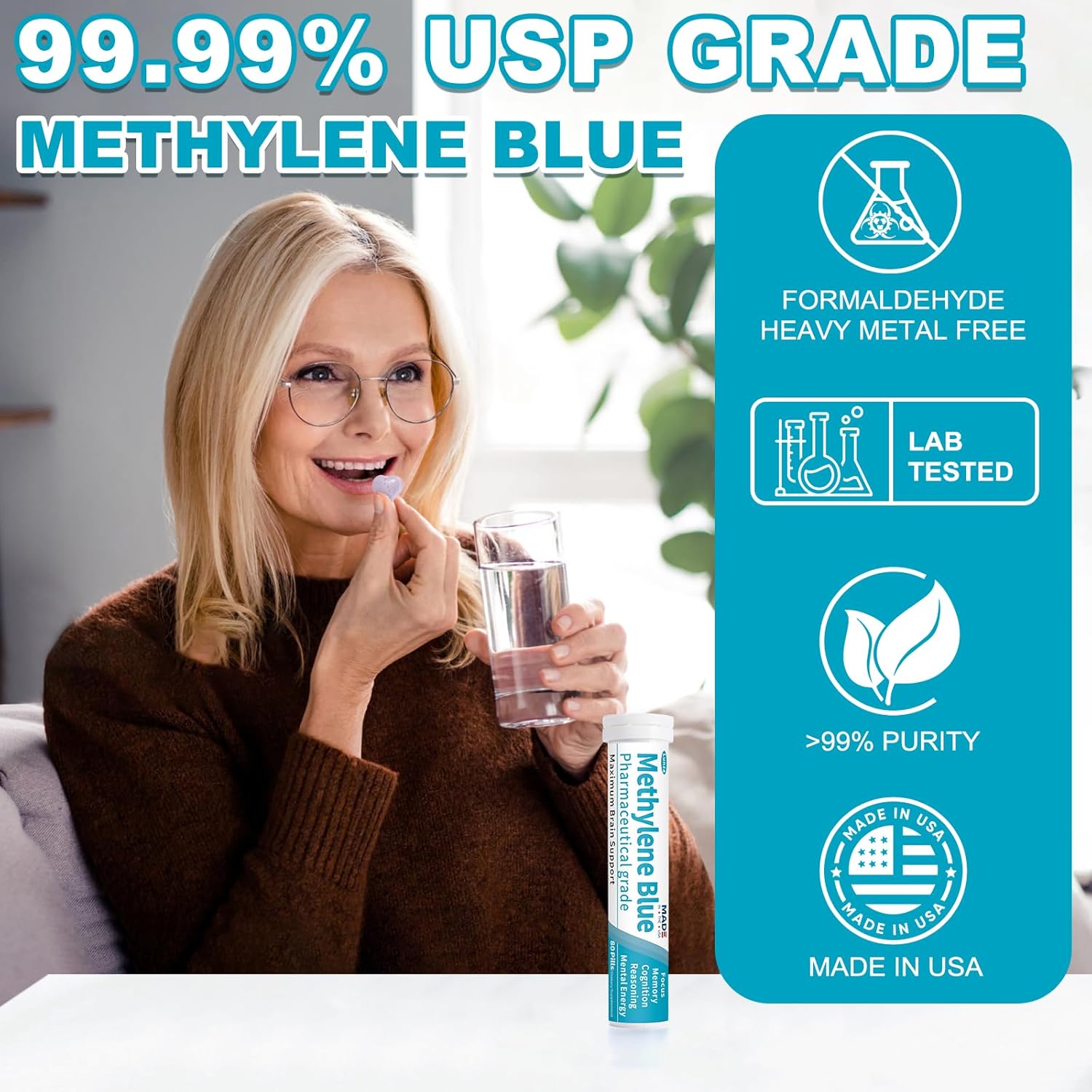 Methylene Blue Pharmaceutical Grade, Nootropic Supplement for Brain Support – Cognitive Function, Focus & Clarity – with L-Theanine & Vitamin C – Lab Tested, No Formaldehyde, 80 Pills - Image 4