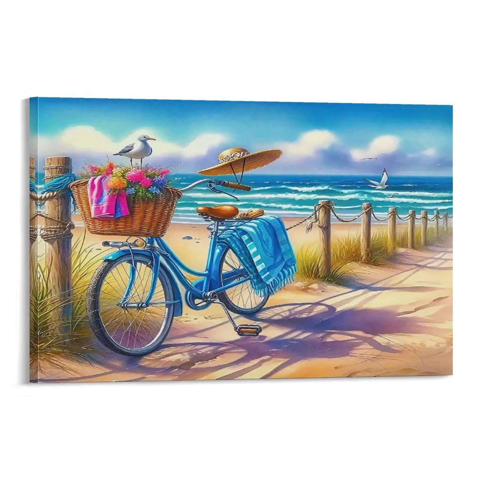 CPLVKWRQJ Seaside Scenery Single Piece Blue Vintage Bicycle Parked on Sunny Beach Path Canvas Wall Hanging - Kitchen Removable Wall Art Focal Point Ready to Hang 16x24inch(40x60cm)