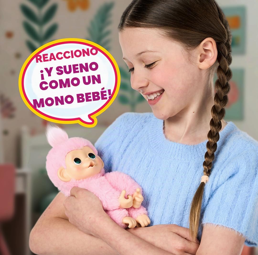 Little Live Pets Baby Monkey Minis – Luna Lemon, Juguete Interactivo, +20 Sonidos y reacciones, Suave Pelaje Rosa, 18,8 cm, Realista, Comer, cuidar, Manos y pies de Mono, 3 para coleccionar